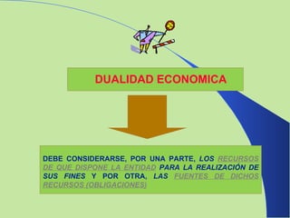 DUALIDAD ECONOMICA DEBE CONSIDERARSE, POR UNA PARTE,  LOS   RECURSOS DE QUE DISPONE LA ENTIDAD   PARA LA REALIZACIÓN DE SUS FINES  Y POR OTRA,  LAS   FUENTES DE DICHOS RECURSOS (OBLIGACIONES) 