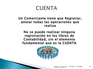 18/09/11   12:55 AM MARICEL VAIROLETTI  Un Comerciante tiene que Registrar, anotar todas las operaciones que realiza No se puede realizar ninguna registración en los libros de Contabilidad, sin el elemento fundamental que es la CUENTA 