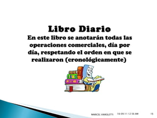 18/09/11   12:55 AM MARICEL VAIROLETTI  Libro Diario En este libro se anotarán todas las operaciones comerciales, día por día, respetando el orden en que se realizaron (cronológicamente)  