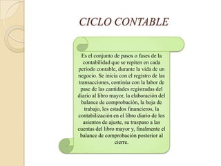 CICLO CONTABLE

  Es el conjunto de pasos o fases de la
  contabilidad que se repiten en cada
período contable, durante la vida de un
negocio. Se inicia con el registro de las
transacciones, continúa con la labor de
 pase de las cantidades registradas del
diario al libro mayor, la elaboración del
 balance de comprobación, la hoja de
   trabajo, los estados financieros, la
contabilización en el libro diario de los
  asientos de ajuste, su traspaso a las
cuentas del libro mayor y, finalmente el
 balance de comprobación posterior al
                  cierre.
 