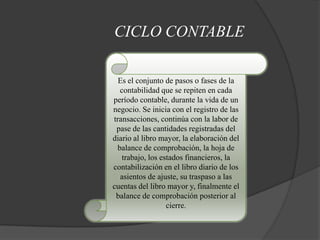 CICLO CONTABLE

  Es el conjunto de pasos o fases de la
  contabilidad que se repiten en cada
período contable, durante la vida de un
negocio. Se inicia con el registro de las
transacciones, continúa con la labor de
 pase de las cantidades registradas del
diario al libro mayor, la elaboración del
 balance de comprobación, la hoja de
   trabajo, los estados financieros, la
contabilización en el libro diario de los
  asientos de ajuste, su traspaso a las
cuentas del libro mayor y, finalmente el
 balance de comprobación posterior al
                  cierre.
 