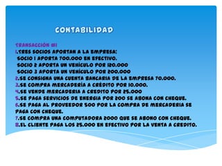 Transacción #1
1.Tres socios aportan a la empresa:
 Socio 1 aporta 700.000 en efectivo.
 Socio 2 aporta un vehículo por 120.000
 Socio 3 aporta un vehículo por 200.000
2.Se consigna una cuenta bancaria de la empresa 70.000.
3.Se compra mercadería a crédito por 10.000.
4.Se vende mercaderia a credito por 25.000
5.Se paga servicios de energia por 200 se abona con cheque.
6.Se paga al proveedor 500 por la compra de mercaderia se
paga con cheque.
7.Se compra una computadora 2000 que se abono con cheque.
8.El cliente paga los 25.000 en efectivo por la venta a credito.
 