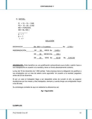 CONTABILIDAD I




    5) DATOS.-

        FI = 15 – 10 – 1.995
        FD = 10 – 05 – 2.002
        MD = FORZOSO
        SM = Bs. 900.=
        __________
        A = ?
        D = ?
         I =?
                                            SOLUCIÓN


DESAHUCIO                   (Bs. 900.= x 3 sueldos)                 Bs.   2.700.=

INDEMNIZACIÓN_________DE            06    AÑOS Bs.      5.400.=

                            DE      06    MESES Bs.        450.=

                            DE      25     DÍAS Bs.        62.50    Bs.    5.912.50



AGUINALDO.- Este beneficio es una gratificación extraordinaria que el jefe o patrón hace a
sus trabajadores en ocasión a la navidad y tiene un fondo absolutamente cristiano.

La ley del 18 de diciembre de 1.994 señala: “toda empresa tiene la obligación de gratificar a
sus empleados con un mes de salario como aguinaldo “en ocasión a la navidad, pagadero
antes del 20 de diciembre.

Si por un caso el trabajador llega a ser despedido antes de cumplir el año, se pagaran
duodécimas por los meses y días trabajados, siempre y cuando tenga una antigüedad mayor
a los 90 días.

Su simbología contable de aquí en adelante la utilizaremos así:

                                      Ag = Aguinaldo




EJEMPLOS:



Prof. Rodolfo Cruz Alí                                                                    32
 