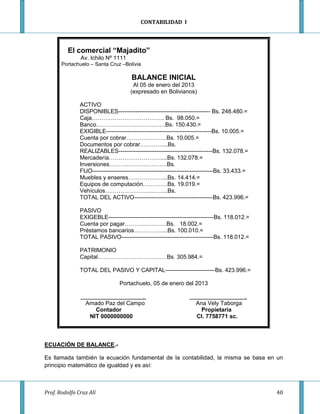CONTABILIDAD I




          El comercial “Majadito”
               Av. Ichilo Nº 1111
       Portachuelo – Santa Cruz –Bolivia

                                       BALANCE INICIAL
                                       Al 05 de enero del 2013
                                      (expresado en Bolivianos)

               ACTIVO
               DISPONIBLES------------------------------------------------ Bs. 248.480.=
               Caja……………………………….. Bs. 98.050.=
               Banco………………………………Bs. 150.430.=
               EXIGIBLE-------------------------------------------------------Bs. 10.005.=
               Cuenta por cobrar…………………Bs. 10.005.=
               Documentos por cobrar…………...Bs.
               REALIZABLES-------------------------------------------------Bs. 132.078.=
               Mercadería………………………....Bs. 132.078.=
               Inversiones…………………………Bs.
               FIJO---------------------------------------------------------------Bs. 33.433.=
               Muebles y enseres………………...Bs. 14.414.=
               Equipos de computación………….Bs. 19.019.=
               Vehículos…………………………...Bs.
               TOTAL DEL ACTIVO-----------------------------------------Bs. 423.996.=

               PASIVO
               EXIGEBLE-------------------------------------------------------Bs. 118.012.=
               Cuenta por pagar………………….Bs. 18.002.=
               Préstamos bancarios……………...Bs. 100.010.=
               TOTAL PASIVO------------------------------------------------Bs. 118.012.=

               PATRIMONIO
               Capital………………………………Bs. 305.984.=

               TOTAL DEL PASIVO Y CAPITAL--------------------------Bs. 423.996.=

                                 Portachuelo, 05 de enero del 2013

                                   .                                                        .
                 Amado Paz del Campo                                 Ana Vely Taborga
                    Contador                                           Propietaria
                  NIT 0000000000                                     CI. 7758771 sc.



ECUACIÓN DE BALANCE.-

Es llamada también la ecuación fundamental de la contabilidad, la misma se basa en un
principio matemático de igualdad y es así:



Prof. Rodolfo Cruz Alí                                                                           40
 