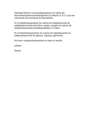 Estimado David en el parcialdebecolocar los valores de
lascuentasauxiliarescomoporejemplo el producto A, B y C que son
subcuentas del Inventario de Mercaderías.
En el debetienequecolocar los valores de todaslascuentas de
saldodeudorcomolas del activo, gastos, excepto los valores de
lasdepreciacionesacumuladasquedebenir al haber.
En el habertienequecolocar los valores de todaslascuentas de
saldoacreedorcomo los pasivos, ingresos, patrimonio.
Por favor cualquierotrainquietud no dude en escribir.
saludos
Sandra
 