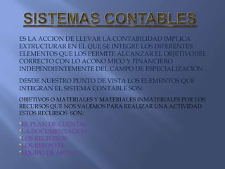 ES LA ACCION DE LLEVAR LA CONTABILIDAD IMPLICA
EXTRUCTURAR EN EL QUE SE INTEGRE LOS DIFERENTES
ELEMENTOS QUE LOS PERMITE ALCANZAR EL OBJETIVODEL
CORRECTO CON LO ACONO MICO Y FINANCIERO
INDEPENDIENTEMENTE DEL CAMPO DE ESPECIALIZACION .
DESDE NUESTRO PUNTO DE VISTA LOS ELEMENTOS QUE
INTEGRAN EL SISTEMA CONTABLE SON:
OBJETIVOS O MATERIALES Y MATERIALES INMATERIALES POR LOS
RECURSOS QUE NOS VALEMOS PARA REALIZAR UNA ACTIVIDAD
ESTOS RECURSOS SON:

*EL PLAN DE CUENTAS
*LA DOCUMENTACION
*LOS REGISTROS
*LOS REPORTES
*EQUIPO DE APOYO

 