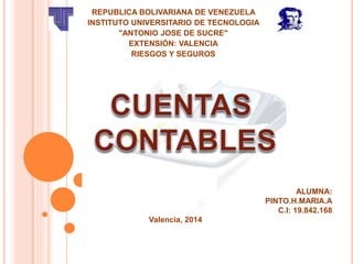 REPUBLICA BOLIVARIANA DE VENEZUELA
INSTITUTO UNIVERSITARIO DE TECNOLOGIA
"ANTONIO JOSE DE SUCRE"
EXTENSIÓN: VALENCIA
RIESGOS Y SEGUROS
ALUMNA:
PINTO.H.MARIA.A
C.I: 19.842.168
Valencia, 2014
 