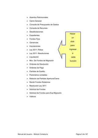Manual del Usuario – Módulo Contaduría Página 5 de 187
Asientos Patrimoniales
Cierre General
Consulta de Presupuesto de Gastos
Consulta de Recursos
Desafectaciones
Expedientes
Fondos Fijos
Ganancias
Imputaciones
Ley 3011 -Póliza
Ley 3011 -Resoluciones
Liquidación
Mov. De Fondos de Migración
Ordenes de Devolución
Ordenes de Pago
Partidas de Sueldo
Parámetros contables
Relación de Partidas Apertura/Cierre
Rendir Fondos Rotatorios
Resolución Ley 3011
Solicitud de Fondos
Solicitud de Fondos para Exp.Migración
Viáticos
Hacer
un
click
para
ingresar
a
cada
función
 