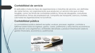 Contabilidad de servicio
Es aplicable a todos los tipos de organizaciones o industrias de servicios, son definidas
de varias formas, son organizaciones que producen un servicio más que un bien
tangible, como: las firmas de contadores públicos, firmas de abogados, consultores
administrativos, firmas de propiedad raíz, compañía de transporte, bancos y hoteles,
casi todas las organizaciones no lucrativas.
Contabilidad pública
La contabilidad pública deberá recopilar, evaluar, procesar, registrar, controlar e
informar sobre todos los ingresos, gastos, costos, patrimonio y otros hechos económicos
que afecten a los organismos y entidades del estado y producir información sobre la
gestión financiera, económica y patrimonial.
 