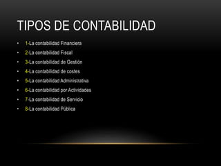 TIPOS DE CONTABILIDAD
• 1-La contabilidad Financiera
• 2-La contabilidad Fiscal
• 3-La contabilidad de Gestión
• 4-La contabilidad de costes
• 5-La contabilidad Administrativa
• 6-La contabilidad por Actividades
• 7-La contabilidad de Servicio
• 8-La contabilidad Pública
 