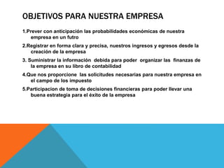 OBJETIVOS PARA NUESTRA EMPRESA
1.Prever con anticipación las probabilidades económicas de nuestra
empresa en un futro
2.Registrar en forma clara y precisa, nuestros ingresos y egresos desde la
creación de la empresa
3. Suministrar la información debida para poder organizar las finanzas de
la empresa en su libro de contabilidad
4.Que nos proporcione las solicitudes necesarias para nuestra empresa en
el campo de los impuesto
5.Participacion de toma de decisiones financieras para poder llevar una
buena estrategia para el éxito de la empresa
 