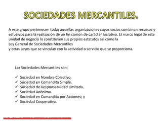 A este grupo pertenecen todas aquellas organizaciones cuyos socios combinan recursos y
esfuerzos para la realización de un fin común de carácter lucrativo. El marco legal de esta
unidad de negocio lo constituyen sus propios estatutos así como la
Ley General de Sociedades Mercantiles
y otras Leyes que se vinculan con la actividad o servicio que se proporciona.
Las Sociedades Mercantiles son:
 Sociedad en Nombre Colectivo.
 Sociedad en Comandita Simple.
 Sociedad de Responsabilidad Limitada.
 Sociedad Anónima.
 Sociedad en Comandita por Acciones; y
 Sociedad Cooperativa.
 