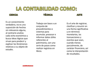 Es un conocimiento
verdadero, no es una
suposición de hechos
sin relevancia alguna,
al contrario analiza
cada echo económico y
busca ideas lógicas que
sirvan para predecir y
explicar los fenómenos
relativos a su objeto de
estudio.
Trabaja con base a un
conjunto de
procedimientos o
sistemas para
acumular, procesar e
informar datos útiles
referentes al
patrimonio, con una
serie de pasos como
realizar registros en
libros.
Es el arte de registrar,
clasificar y resumir en
una forma significativa
y en términos
monetarios, las
transacciones y
eventos que sean,
cuando menos
parcialmente, de
carácter financiero, así
como la interpretación
de resultados.
 
