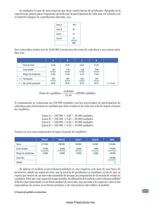 177
Se analizará el caso de una empresa que tiene cuatro líneas de productos. Apoyada en la
experiencia, planea para el siguiente periodo que la participación de cada una, en relación con
el total del margen de contribución obtenido, sea:
Línea A 30%
Línea B 40
Línea C 20
Línea D 10
100%
Sus costos fijos totales son de $140 000. Los precios de venta de cada línea y sus costos varia-
bles son:
A B C D
Precio de venta $3.80 $2.50 $4.50 $1.40
Costo variable 1.80 1.50 3.00 0.40
Margen de contribución $2.00 $1.00 $1.50 $1.00
(3) Participación 30% 40% 20% 10%
(5) Mg. contrib. ponderado $0.60 $0.40 $0.30 $0.10 (5) $1.40
Punto de equilibrio unidad
= =
$
$ .
140000
1 40
100000 e
es
A continuación se relacionan las 100 000 unidades con los porcentajes de participación de
cada línea para determinar la cantidad que debe venderse de cada una a fin de lograr el punto
de equilibrio:
Línea A 5 100 000 3 0.30 5 30 000 unidades
Línea B 5 100 000 3 0.40 5 40 000 unidades
Línea C 5 100 000 3 0.20 5 20 000 unidades
Línea D 5 100 000 3 0.10 5 10 000 unidades
Veamos si con esta composición se logra el punto de equilibrio:
Línea A Línea B Línea C Línea D Total
Ventas $114000 $100000 $90000 $14000 $318000
Costos variables 54000 60000 60000 4000 178000
Margen de contribución 60000 40000 30000 10000 140000
Costos fijos 140000
Utilidad 0
Al aplicar el modelo costo-volumen-utilidad en una empresa con más de una línea de
productos, añade un supuesto más: que la mezcla de productos es constante, es decir, que se
espera que dentro de un intervalo razonable de tiempo, la composición de la mezcla de ventas no
cambiará. Para que este supuesto tenga sentido, la utilización del modelo costo-volumen-utilidad
deberá estar sustentado en un buen análisis de mercado, que permita a la empresa conocer las
expectativas de ventas en el futuro próximo y de esta manera dar validez al análisis.
K. El punto de equilibrio en varias líneas
Formación (5)ok.indd 177 2/1/08 6:54:18 PM
www.FreeLibros.me
 