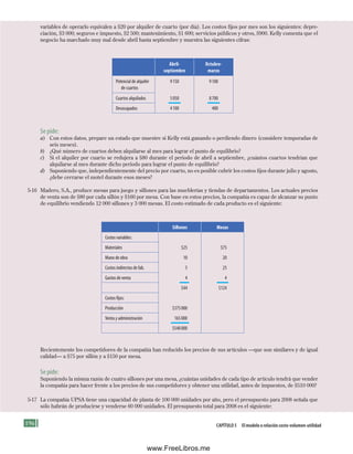 196 Capítulo 5 El modelo o relación costo-volumen-utilidad
variables de operarlo equivalen a $20 por alquiler de cuarto (por día). Los costos fijos por mes son los siguientes: depre-
ciación, $3 000; seguros e impuesto, $2 500; mantenimiento, $1 600; servicios públicos y otros, $900. Kelly comenta que el
negocio ha marchado muy mal desde abril hasta septiembre y muestra las siguientes cifras:
Abril-
septiembre
Octubre-
marzo
Potencial de alquiler
de cuartos
9150 9100
Cuartos alquilados 5050 8700
Desocupados 4100 400
Se pide:
a) Con estos datos, prepare un estado que muestre si Kelly está ganando o perdiendo dinero (considere temporadas de
seis meses).
b) ¿Qué número de cuartos deben alquilarse al mes para lograr el punto de equilibrio?
c) Si el alquiler por cuarto se redujera a $80 durante el periodo de abril a septiembre, ¿cuántos cuartos tendrían que
alquilarse al mes durante dicho periodo para lograr el punto de equilibrio?
d) Suponiendo que, independientemente del precio por cuarto, no es posible cubrir los costos fijos durante julio y agosto,
¿debe cerrarse el motel durante esos meses?
5-16 Madero, S.A., produce mesas para juego y sillones para las mueblerías y tiendas de departamentos. Los actuales precios
de venta son de $80 por cada sillón y $160 por mesa. Con base en estos precios, la compañía es capaz de alcanzar su punto
de equilibrio vendiendo 12 000 sillones y 3 000 mesas. El costo estimado de cada producto es el siguiente:
Sillones Mesas
Costos variables:
Materiales $25 $75
Mano de obra 10 20
Costos indirectos de fab. 5 25
Gastos de venta 4 4
$44 $124
Costos fijos:
Producción $375000
Venta y administración 165000
$540000
Recientemente los competidores de la compañía han reducido los precios de sus artículos —que son similares y de igual
calidad— a $75 por sillón y a $150 por mesa.
Se pide:
Suponiendo la misma razón de cuatro sillones por una mesa, ¿cuántas unidades de cada tipo de artículo tendrá que vender
la compañía para hacer frente a los precios de sus competidores y obtener una utilidad, antes de impuestos, de $510 000?
5-17 La compañía UPSA tiene una capacidad de planta de 100 000 unidades por año, pero el presupuesto para 2008 señala que
sólo habrán de producirse y venderse 60 000 unidades. El presupuesto total para 2008 es el siguiente:
Formación (5)ok.indd 196 2/1/08 6:54:34 PM
www.FreeLibros.me
 