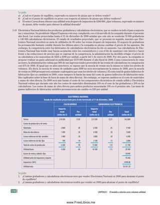 198 Capítulo 5 El modelo o relación costo-volumen-utilidad
Se pide:
a) ¿Cuál es el punto de equilibro, expresado en número de pizzas que se deben vender?
b) ¿Cuál es el punto de equilibrio en pesos con respecto al número de pizzas que deben venderse?
c) El señor Cueva desea obtener una utilidad neta después de impuestos de $200 000. ¿Qué volumen, expresado en número
de pizzas, debe vender para obtener la utilidad deseada?
5-19 Electrónica Nacional fabrica dos productos: grabadoras y calculadoras electrónicas, que se venden en todo el país a mayoris-
tas y minoristas. Su presidente Miguel Espinoza está muy complacido con el desarrollo de la compañía durante el presente
año fiscal. Las ventas proyectadas hasta el 31 de diciembre de 2008 señalan que este año se venderán 70 000 grabadoras
y 140 000 calculadoras electrónicas. El estado de resultados proyectado, que se presenta en seguida, muestra que Elec-
trónica Nacional excederá su meta de utilidades de 9% sobre las ventas después de impuestos. El negocio de grabadoras
ha permanecido bastante estable durante los últimos años y la compañía no piensa cambiar el precio de los aparatos. Sin
embargo, la competencia entre los fabricantes de calculadoras electrónicas ha ido en aumento. Las calculadoras de Elec-
trónica Nacional han tenido muy buena aceptación entre los consumidores y con el fin de mantener este interés y hacer
frente a las reducciones de precios que se esperan de la competencia, la administración ha decidido rebajar el precio de
su calculadora a los mayoristas de $225 a $200 por unidad, a partir del 1 de enero de 2009. Por otra parte, la compañía se
propone realizar un gasto adicional en publicidad por $570 000 durante el año fiscal de 2009. Como consecuencia de estas
acciones, la administración estima que 80% de sus ingresos totales provendrá de las ventas de calculadoras en comparación
con 67% de 2008. Al igual que en años anteriores, se supone que la mezcla de ventas sea la misma en todos los niveles de
volumen. (Es decir, la mezcla de ventas de unidades para 2009 no será necesariamente la misma de 2008, pero la mezcla
de ventas en 2009 permanecerá constante cualesquiera que sean los niveles de volumen.) El costo total de gastos indirectos de
fabricación fijos no cambiará en 2009, como tampoco lo harán las tasas del costo de gastos indirectos de fabricación varia-
bles (aplicados sobre la base de hora de mano de obra directa). Sin embargo, se esperan cambios en el costo de materiales
y mano de obra directa. En 2009 será más barato el costo de los componentes electrónicos de estado sólido y Electrónica
Nacional estima que durante este año los costos de materiales disminuirán 10% en el caso de las grabadoras y 20% en las
calculadoras. Los costos de mano de obra directa para ambos productos aumentarán 10% en el próximo año. Las tasas de
gastos indirectos de fabricación variables permanecerán sin cambio en $20 por unidad.
ELECTRÓNICA NACIONAL
Estado de resultados proyectado para el año terminado al 31 de diciembre, 2008
CALCULADORAS GRABADORAS ELECTRÓNICAS
Importe
total
(miles de $)
Por
unidad
Importe
total
(miles de $)
Por
unidad
Total
(miles de $)
Ventas $10500 $150 $31500 $225 $42000
Costos de producción y de venta:
Materiales 2800 40 6300 45 9100
Mano de obra directa 1400 20 4200 30 5600
Costos indirectos de fab. variables 1400 20 2800 20 4200
Costos indirectos de fab. fijos 700 10 2100 15 2800
Total de costos de producción 6300 90 15400 110 21700
Utilidad bruta 4200 60 16100 115 20300
Gastos de venta y admón. fijos 10040
Utilidad antes de impuestos y reparto 10260
Impuestos (38%) 3898.80
Utilidad neta $6361.20
Se pide:
1. ¿Cuántas grabadoras y calculadoras electrónicas tuvo que vender Electrónica Nacional en 2008 para alcanzar el punto
de equilibrio?
2. ¿Cuántas grabadoras y calculadoras electrónicas tendrá que vender en 2009 para alcanzar el punto de equilibrio?
Formación (5)ok.indd 198 2/1/08 6:54:35 PM
www.FreeLibros.me
 