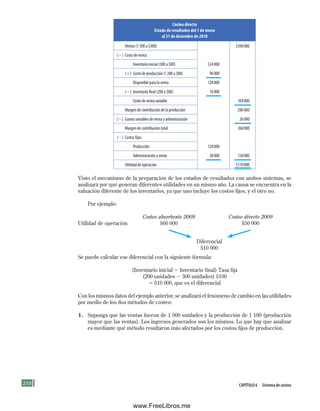 210 CApítulo 6 Sistema de costeo
Costeo directo
Estado de resultados del 1 de enero
al 31 de diciembre de 2010
Ventas (1300 a $300) $390000
(2) Costo de venta:
Inventario inicial (300 a $80) $24000
(1) Costo de producción (1200 a $80) 96000
Disponible para la venta 120000
(2) Inventario final (200 a $80) 16000
Costo de venta variable 104000
Margen de contribución de la producción 286000
(2) Gastos variables de venta y administración 26000
Margen de contribución total 260000
(2) Costos fijos:
Producción 120000
Administración y venta 30000 150000
Utilidad de operación $110000
Visto el mecanismo de la preparación de los estados de resultados con ambos sistemas, se
analizará por qué generan diferentes utilidades en un mismo año. La causa se encuentra en la
valuación diferente de los inventarios, ya que uno incluye los costos fijos, y el otro no.
Por ejemplo:
Costeo absorbente 2009 Costeo directo 2009
Utilidad de operación $60 000 $50 000
Se puede calcular ese diferencial con la siguiente fórmula:
(Inventario inicial 2 Inventario final) Tasa fija
(200 unidades 2 300 unidades) $100
5 $10 000, que es el diferencial
Con los mismos datos del ejemplo anterior, se analizará el fenómeno de cambio en las utilidades
por medio de los dos métodos de costeo:
1. Suponga que las ventas fueron de 1 000 unidades y la producción de 1 100 (producción
mayor que las ventas). Los ingresos generados son los mismos. Lo que hay que analizar
es mediante qué método resultaron más afectados por los costos fijos de producción.
Diferencial
$10 000
Formación (6)ok.indd 210 2/1/08 6:55:07 PM
www.FreeLibros.me
 