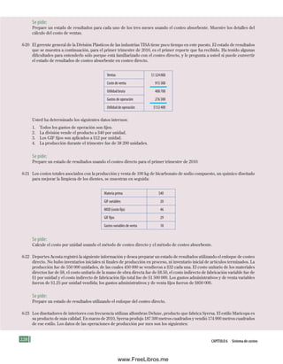 228 CApítulo 6 Sistema de costeo
Se pide:
Prepare un estado de resultados para cada uno de los tres meses usando el costeo absorbente. Muestre los detalles del
cálculo del costo de ventas.
6-20 El gerente general de la División Plásticos de las industrias TISA tiene poco tiempo en este puesto. El estado de resultados
que se muestra a continuación, para el primer trimestre de 2010, es el primer reporte que ha recibido. Ha tenido algunas
dificultades para entenderlo sólo porque está familiarizado con el costeo directo, y le pregunta a usted si puede convertir
el estado de resultados de costeo absorbente en costeo directo.
Ventas $1324000
Costo de venta 915300
Utilidad bruta 408700
Gastos de operación 276300
Utilidad de operación $132400
Usted ha determinado los siguientes datos internos:
1. Todos los gastos de operación son fijos.
2. La división vende el producto a $40 por unidad.
3. Los GIF fijos son aplicados a $12 por unidad.
4. La producción durante el trimestre fue de 38 200 unidades.
Se pide:
Prepare un estado de resultados usando el costeo directo para el primer trimestre de 2010.
6-21 Los costos totales asociados con la producción y venta de 100 kg de bicarbonato de sodio compuesto, un químico diseñado
para mejorar la limpieza de los dientes, se muestran en seguida:
Materia prima $40
GIF variables 20
MOD (costo fijo) 46
GIF fijos 29
Gastos variables de venta 18
Se pide:
Calcule el costo por unidad usando el método de costeo directo y el método de costeo absorbente.
6-22 Deportes Acosta registró la siguiente información y desea preparar un estado de resultados utilizando el enfoque de costeo
directo. No hubo inventarios iniciales ni finales de producción en proceso, ni inventario inicial de artículos terminados. La
producción fue de 550 000 unidades, de las cuales 450 000 se vendieron a $32 cada una. El costo unitario de los materiales
directos fue de $8, el costo unitario de la mano de obra directa fue de $8.50, el costo indirecto de fabricación variable fue de
$1 por unidad y el costo indirecto de fabricación fijo total fue de $1 500 000. Los gastos administrativos y de venta variables
fueron de $1.25 por unidad vendida; los gastos administrativos y de venta fijos fueron de $850 000.
Se pide:
Prepare un estado de resultados utilizando el enfoque del costeo directo.
6-23 Los diseñadores de interiores con frecuencia utilizan alfombras Deluxe, producto que fabrica Syersa. El estilo Maricopa es
su producto de más calidad. En marzo de 2010, Syersa produjo 187 500 metros cuadrados y vendió 174 900 metros cuadrados
de ese estilo. Los datos de las operaciones de producción por mes son los siguientes:
Formación (6)ok.indd 228 2/1/08 6:55:15 PM
www.FreeLibros.me
 