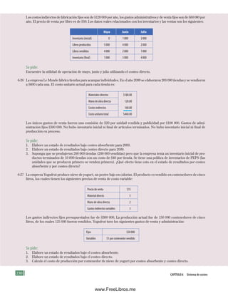 230 CApítulo 6 Sistema de costeo
Los costos indirectos de fabricación fijos son de $120 000 por año, los gastos administrativos y de venta fijos son de $60 000 por
año. El precio de venta por libro es de $50. Los datos reales relacionados con los inventarios y las ventas son los siguientes:
Mayo Junio Julio
Inventario (inicial) 0 1000 3000
Libros producidos 5000 4000 2000
Libros vendidos 4000 2000 1000
Inventario (final) 1000 3000 4000
Se pide:
Encuentre la utilidad de operación de mayo, junio y julio utilizando el costeo directo.
6-26 La empresa Le Monde fabrica tiendas para acampar individuales. En el año 2009 se elaboraron 200 000 tiendas y se vendieron
a $600 cada una. El costo unitario actual para cada tienda es:
Materiales directos $180.00
Mano de obra directa 120.00
Costos indirectos 160.00
Costo unitario total $460.00
Los únicos gastos de venta fueron una comisión de $20 por unidad vendida y publicidad por $100 000. Gastos de admi-
nistración fijos $300 000. No hubo inventario inicial ni final de artículos terminados. No hubo inventario inicial ni final de
producción en proceso.
Se pide:
1. Elabore un estado de resultados bajo costeo absorbente para 2009.
2. Elabore un estado de resultados bajo costeo directo para 2009.
3. Suponga que se produjeron 200 000 tiendas (200 000 vendidas) pero que la empresa tenía un inventario inicial de pro-
ductos terminados de 10 000 tiendas con un costo de $40 por tienda. Se tiene una política de inventarios de PEPS (las
unidades que se producen primero se venden primero). ¿Qué efecto tiene esto en el estado de resultados por costeo
absorbente y por costeo directo?
6-27 La empresa Yogufrut produce nieve de yogurt, un postre bajo en calorías. El producto es vendido en contenedores de cinco
litros, los cuales tienen los siguientes precios de venta de costo variable:
Precio de venta $15
Material directo 5
Mano de obra directa 2
Gastos indirectos variables 3
Los gastos indirectos fijos presupuestados fue de $300 000. La producción actual fue de 150 000 contenedores de cinco
litros, de los cuales 125 000 fueron vendidos. Yogufrut tuvo los siguientes gastos de venta y administración:
Fijos $50000
Variables $1 por contenedor vendido
Se pide:
1. Elabore un estado de resultados bajo el costeo absorbente.
2. Elabore un estado de resultados bajo el costeo directo.
3. Calcule el costo de producción por contenedor de nieve de yogurt por costeo absorbente y costeo directo.
Formación (6)ok.indd 230 2/1/08 6:55:16 PM
www.FreeLibros.me
 