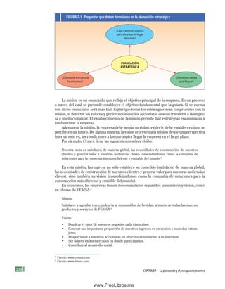 238 Capítulo 7 la planeación y el presupuesto maestro
La misión es un enunciado que refleja el objetivo principal de la empresa. Es un proceso
a través del cual se pretende establecer el objetivo fundamental que la guiará. Si se cuenta
con dicho enunciado, será más fácil lograr que todas las estrategias sean congruentes con la
misión, al detectar los valores y preferencias que los accionistas desean transferir a la empre-
sa e institucionalizar. El establecimiento de la misión permite fijar estrategias encaminadas a
fundamentar la empresa.
Además de la misión, la empresa debe sentar su visión, es decir, debe establecer cómo se
percibe en un futuro. De alguna manera, la visión representa la misión desde una perspectiva
interna; esto es, las condiciones a las que aspira llegar la empresa en el largo plazo.
Por ejemplo, Cemex tiene las siguientes misión y visión:
Nuestra meta es satisfacer, de manera global, las necesidades de construcción de nuestros
clientes y generar valor a nuestras audiencias claves consolidándonos como la compañía de
soluciones para la construcción más eficiente y rentable del mundo.2
En esta misión, la empresa no sólo establece su cometido (satisfacer, de manera global,
las necesidades de construcción de nuestros clientes y generar valor para nuestras audiencias
claves), sino también su visión (consolidándonos como la compañía de soluciones para la
construcción más eficiente y rentable del mundo).
En ocasiones, las empresas tienen dos enunciados separados para misión y visión, como
en el caso de FEMSA:
Misión:
Satisfacer y agradar con excelencia al consumidor de bebidas, a través de todas las marcas,
productos y servicios de FEMSA.3
Visión:
• Duplicar el valor de nuestros negocios cada cinco años.
• Generar una importante proporción de nuestros ingresos en mercados o monedas extran-
jeras.
• Proporcionar a nuestros accionistas un atractivo rendimiento a su inversión.
• Ser líderes en los mercados en donde participamos.
• Contribuir al desarrollo social.
2
Fuente: www.cemex.com
3
Fuente: www.femsa.com
¿Qué caminos seguirá
para alcanzar el lugar
deseado?
PLANEACIÓN
ESTRATÉGICA
¿Dónde se encuentra
la empresa?
¿Dónde se desea
que llegue?
FIGuRa 7-1 preguntas que deben formularse en la planeación estratégica
Formación (7)ok.indd 238 2/1/08 6:56:26 PM
www.FreeLibros.me
 