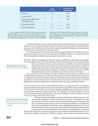 44 CApítulo 2 Conceptos, clasificaciones y comportamiento de los costos
El ejemplo anterior nos sirve para entender mejor la naturaleza dual de los costos depen-
diendo de si se presentan de forma unitaria o total, al mismo tiempo que demuestra la impor-
tancia que tiene el utilizar eficientemente la capacidad instalada al máximo, para competir más
exitosamente a través del precio con bajos costos.
El comportamiento de los costos está sujeto a muchas variables; sin embargo, las princi-
pales son: el tiempo, el uso de los recursos en las actividades dentro de un rango relevante y
la determinación de actividades que provocan la variación en costos.
El tiempo Según los economistas, todos los costos son variables en el largo plazo; sin embargo,
en el corto plazo y en un cierto nivel relevante, ciertos costos pueden tener un comportamiento
fijo. A este nivel en el que un costo permanece constante, se le denomina rango
relevante de tiempo. Por ejemplo, el costo de la renta de una bodega es variable en
el largo plazo, puesto que a través del tiempo tendrá modificaciones; sin embargo,
durante un rango relevante (digamos, un año), el costo permanecerá constante
independientemente de las actividades que se lleven a cabo en la bodega.
En el caso de los costos variables, el rango relevante de tiempo aplica en cuanto al costo
individual de los insumos que se consumen. Por ejemplo el caso de la materia prima: aunque en
su totalidad el costo de ésta variará en función de la producción (puesto que al incrementarse
la producción se incrementa el uso de materia prima y viceversa), se espera que su costo por
kilogramo permanezca relativamente constante durante un rango relevante de tiempo.
El uso de los recursos en las actividades dentro de un rango relevante La medida en
que las actividades consumen recursos es otro de los factores que determinan el comportamien-
to de los costos. Por un lado, se encuentran aquellas actividades que consumen recursos de
manera proporcional en la medida en que éstas son realizadas. El consumo de dichos recursos
es lo que hemos definido anteriormente como costos variables. A mayor actividad, el uso de
recursos es mayor y por ende, mayor costo.
Por lo general, los costos fijos no tendrán modificación debido al aumento o dis-
minución de actividades si éstas se encuentran en lo que se denomina un rango
relevante de actividad. Un rango relevante de actividad es aquel en el que un costo
fijo será suficiente para llevar a cabo las actividades necesarias en los diferentes
procesos de producción (producción, ventas, administración) sin que este costo (o
la inversión que lo genera) tenga que ser aumentado. Por ejemplo, si las máquinas
en una planta tienen una capacidad de producción de 10 000 unidades, el costo por
depreciación (fijo) que reconocerá la empresa será constante independientemente de si se
produce una unidad o se producen 10 000. Sin embargo, ¿qué sucede si se requiriera una pro-
Rango relevante de tiempo
Nivel en que un costo permanece constante.
Rango relevante de actividad
Nivel en que los costos fijos no se modifi-
carán debido al aumento o disminución de
actividades.
Costo
por unidad
Costo total (por 500
hamburguesas)
Materia prima $14 $7 000
Otros gastos variables $2 $1 000
Sueldo del cocinero ($3 000 mensuales/
500 hamburguesas al mes)
$6 $3 000
Otros gastos fijos ($1 500/500) $3 $1 500
Costo total por hamburguesa $25 $12 500
Si se compara el cálculo del costo por una producción de
500 hamburguesas con el de 300, encontramos que, por un
lado, los costos variables unitarios (materia prima y otros gas-
tos variables) permanecieron sin cambio, pero al totalizarlos
aumentaron (de $4 800 a $8 000); por el contrario, los costos
fijos permanecieron sin ninguna modificación en su totalidad,
pero al calcularlos de manera unitaria se redujeron (de $15 a
$9 por hamburguesa).
Formación (2)ok.indd 44 2/1/08 6:51:24 PM
www.FreeLibros.me
 
