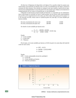 50 CApítulo 2 Conceptos, clasificaciones y comportamiento de los costos
Al observar el diagrama de dispersión en la figura 2-6 se pueden elegir los puntos que
representan correctamente la relación entre el costo y la actividad que da origen o detona el
consumo de dicho insumo. Este método se enriquece aún más cuando se aprovecha la expe-
riencia de los administradores en la selección de los dos puntos que reflejen correctamente el
comportamiento de los costos en la partida que se está analizando.
Utilizando la información proporcionada previamente, se supondrá que los administra-
dores seleccionan lo ocurrido en enero y junio porque son los meses más representativos
de acuerdo con la experiencia de otros años; por ello, la línea debe pasar por los puntos 1 y
6. De acuerdo con ello, vemos cómo se calcula la parte de costo fijo y el costo variable por
factura emitida.
El costo y las facturas de enero son: $40 000 10 000
El costo y las facturas de junio son: $90 000 30 000
De donde el costo variable por factura será:
b
C C
X X
=
−
−
=
−
−
=
2 1
2 1
90000 40000
30000 10000
2 50
$ $
$ . /
/ hm
Donde:
b 5 Costo variable
C 5 Costo total
X 5 Volumen
Por lo tanto, si el costo variable por factura es $2.50, la parte de costos fijos del total del
costo de enero sería:
a CSV b X
a
a
= −
= −
=
1
1
40000 2 50 10000
15000
( )
$ ( . )
$
( )
Donde:
CSV1
5 Costo semivariable al nivel de actividad 1
a 5 Costo fijo
b 5 Costo variable por factura
X 5 Nivel de actividad 1
FIGuRA 2-6 Diagrama de dispersión
160
140
120
100
80
60
40
20
0
10 20 30 40 50
Facturas (miles)
Costos
(miles)
.. ..
. .
.
.
.
Formación (2)ok.indd 50 2/1/08 6:51:30 PM
www.FreeLibros.me
 
