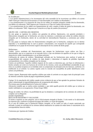            Facultad Regional Multidisciplinaria Estelí	 2012	
 
Contabilidad Bancaria y de Seguros Lic. Jeyling Alfaro Manzanares
‐ 161 ‐
Se Acredita por:
1. Los ajustes (disminuciones) a los incrementos del valor razonable de las inversiones con débito a la cuenta
“6601 Gasto por Valuación de Inversiones al Valor Razonable con Cambios en Resultados-”.
2. Las actualizaciones a la cotización de cierre de los saldos en moneda extranjera cuando ésta ha disminuido,
con débito a la subcuenta “5602 Ingresos por Variación en el Tipo de Cambio (Inversiones).
3. Las actualizaciones de los saldos con mantenimiento de valor, cuando el índice de ajuste ha disminuido, con
débito a la subcuenta “5602 –Ingresos por Variación en el tipo de cambio (Inversiones)”.
GRUPO 1300 – CARTERA DE CREDITOS
En este grupo se registran los créditos con garantías de pólizas, hipotecarios, con garantía prendaría y
fideicomisos otorgados por la Institución; así como los intereses y comisiones por cobrar de créditos directos
otorgados por la Institución, dentro de su actividad de intermediación financiera y comisiones por cobrar
generar.
En este grupo se incluyen todos los financiamientos otorgados por la Institución, cualquiera sea su destino
específico y la modalidad bajo la cual se pacten o documenten, con excepción de aquello que corresponde
contabilizar en el grupo de Inversiones según la descripción de las cuentas de dicho grupo.
Definiciones:
Crédito: Activo resultante del financiamiento que otorgan las Instituciones cuyos cobros son fijos o
determinables, que no se negocian en un mercado activo y que son distintos de aquellos en los que se tenga la
intención de vender inmediatamente o en un futuro próximo.
Calificación de cartera de créditos: Metodología utilizada por las Instituciones para analizar el grado de
recuperabilidad del conjunto de créditos de cada deudor y determinar el importe de pérdidas esperadas
correspondiente a los créditos otorgados por las mismas.
Cartera con problemas: Aquellos créditos respecto de los cuales se determina que, con base en información y
hechos actuales así como en el proceso de revisión de los mismos, existe una probabilidad considerable de que
éstos no se podrán recuperar en su totalidad, tanto su componente de principal como de intereses, conforme a lo
establecido en el contrato. La cartera vigente como la vencida son susceptibles de poder identificarse como
cartera con problemas.
Cartera vigente: Representa todos aquellos créditos que están al corriente en sus pagos tanto de principal como
de intereses conforme al plan de pagos originalmente pactado.
Castigo: Es la cancelación del crédito cuando existe evidencia de que se han agotado las gestiones formales de
cobro o determinado la imposibilidad práctica de recuperación del crédito.
Provisiones para Incobrabilidad de la Cartera de Créditos:
Afectación contable que se realiza contra resultados y que mide aquella porción del crédito que se estima no
tendrá viabilidad en su recuperación. (Véase Grupo 3000)
Riesgo de crédito: Se refiere a la posibilidad de que los deudores o contrapartes de los contratos de créditos no
cumplan con la obligación
pactada originalmente.
REGLAS DE REGISTRO Y VALUACION
El monto a registrar en esta categoría, será el efectivamente otorgado al deudor. A este monto se le adicionarán
los intereses que, conforme al esquema de pagos del crédito, se vayan devengando.
En el caso de créditos que la Institución hubiere otorgado, en las cuales no todo el monto autorizado sea
utilizado, la parte no utilizada de los mismos deberá mantenerse en cuentas de orden hasta el vencimiento de la
correspondiente línea de crédito.
Comisiones por Apertura de Créditos
 