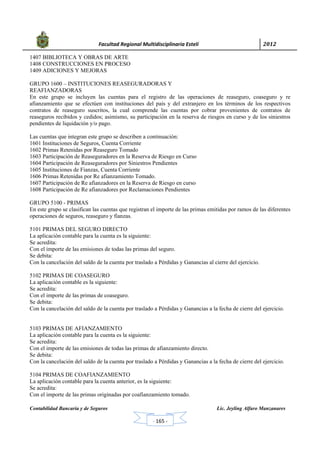            Facultad Regional Multidisciplinaria Estelí	 2012	
 
Contabilidad Bancaria y de Seguros Lic. Jeyling Alfaro Manzanares
‐ 165 ‐
1407 BIBLIOTECA Y OBRAS DE ARTE
1408 CONSTRUCCIONES EN PROCESO
1409 ADICIONES Y MEJORAS
GRUPO 1600 – INSTITUCIONES REASEGURADORAS Y
REAFIANZADORAS
En este grupo se incluyen las cuentas para el registro de las operaciones de reaseguro, coaseguro y re
afianzamiento que se efectúen con instituciones del país y del extranjero en los términos de los respectivos
contratos de reaseguro suscritos, la cual comprende las cuentas por cobrar provenientes de contratos de
reaseguros recibidos y cedidos; asimismo, su participación en la reserva de riesgos en curso y de los siniestros
pendientes de liquidación y/o pago.
Las cuentas que integran este grupo se describen a continuación:
1601 Instituciones de Seguros, Cuenta Corriente
1602 Primas Retenidas por Reaseguro Tomado
1603 Participación de Reaseguradores en la Reserva de Riesgo en Curso
1604 Participación de Reaseguradores por Siniestros Pendientes
1605 Instituciones de Fianzas, Cuenta Corriente
1606 Primas Retenidas por Re afianzamiento Tomado.
1607 Participación de Re afianzadores en la Reserva de Riesgo en curso
1608 Participación de Re afianzadores por Reclamaciones Pendientes
GRUPO 5100 - PRIMAS
En este grupo se clasifican las cuentas que registran el importe de las primas emitidas por ramos de las diferentes
operaciones de seguros, reaseguro y fianzas.
5101 PRIMAS DEL SEGURO DIRECTO
La aplicación contable para la cuenta es la siguiente:
Se acredita:
Con el importe de las emisiones de todas las primas del seguro.
Se debita:
Con la cancelación del saldo de la cuenta por traslado a Pérdidas y Ganancias al cierre del ejercicio.
5102 PRIMAS DE COASEGURO
La aplicación contable es la siguiente:
Se acredita:
Con el importe de las primas de coaseguro.
Se debita:
Con la cancelación del saldo de la cuenta por traslado a Pérdidas y Ganancias a la fecha de cierre del ejercicio.
5103 PRIMAS DE AFIANZAMIENTO
La aplicación contable para la cuenta es la siguiente:
Se acredita:
Con el importe de las emisiones de todas las primas de afianzamiento directo.
Se debita:
Con la cancelación del saldo de la cuenta por traslado a Pérdidas y Ganancias a la fecha de cierre del ejercicio.
5104 PRIMAS DE COAFIANZAMIENTO
La aplicación contable para la cuenta anterior, es la siguiente:
Se acredita:
Con el importe de las primas originadas por coafianzamiento tomado.
 