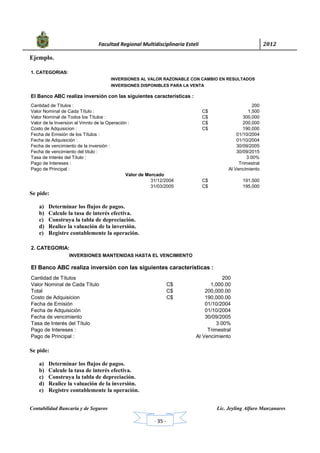            Facultad Regional Multidisciplinaria Estelí	 2012	
 
Contabilidad Bancaria y de Seguros Lic. Jeyling Alfaro Manzanares
‐ 35 ‐
Ejemplo.
Se pide:
a) Determinar los flujos de pagos.
b) Calcule la tasa de interés efectiva.
c) Construya la tabla de depreciación.
d) Realice la valuación de la inversión.
e) Registre contablemente la operación.
Se pide:
a) Determinar los flujos de pagos.
b) Calcule la tasa de interés efectiva.
c) Construya la tabla de depreciación.
d) Realice la valuación de la inversión.
e) Registre contablemente la operación.
El Banco ABC realiza inversión con las siguientes características :
Cantidad de Títulos : 200
Valor Nominal de Cada Título : C$ 1,500
Valor Nominal de Todos los Títulos : C$ 300,000
Valor de la Inversion al Vmnto de la Operación : C$ 200,000
Costo de Adquisicion : C$ 190,000
Fecha de Emisión de los Títulos : 01/10/2004
Fecha de Adquisición : 01/10/2004
Fecha de vencimiento de la inversión : 30/09/2005
Fecha de vencimiento del título : 30/09/2015
Tasa de Interés del Título : 3.00%
Pago de Intereses : Trimestral
Pago de Principal : Al Vencimiento
31/12/2004 C$ 191,500
31/03/2005 C$ 195,000
Valor de Mercado
1. CATEGORIAS:
INVERSIONES AL VALOR RAZONABLE CON CAMBIO EN RESULTADOS
INVERSIONES DISPONIBLES PARA LA VENTA
El Banco ABC realiza inversión con las siguientes características :
Cantidad de Títulos 200
Valor Nominal de Cada Título C$ 1,000.00
Total C$ 200,000.00
Costo de Adquisicion C$ 190,000.00
Fecha de Emisión 01/10/2004
Fecha de Adquisición 01/10/2004
Fecha de vencimiento 30/09/2005
Tasa de Interés del Título 3.00%
Pago de Intereses : Trimestral
Pago de Principal : Al Vencimiento
2. CATEGORIA:
INVERSIONES MANTENIDAS HASTA EL VENCIMIENTO
 