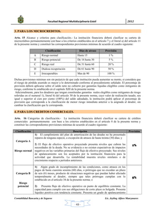            Facultad Regional Multidisciplinaria Estelí	 2012	
 
Contabilidad Bancaria y de Seguros Lic. Jeyling Alfaro Manzanares
‐ 43 ‐
3. PARA LOS MICROCREDITOS.
Arto. 15 Alcance y criterios para clasificación.- La institución financiera deberá clasificar su cartera de
microcréditos permanentemente con base a los criterios establecidos en el artículo 7 y el literal a) del artículo 11
de la presente norma y constituir las correspondientes provisiones mínimas de acuerdo al cuadro siguiente:
Dichas provisiones mínimas son sin perjuicio de que cada institución pueda aumentar su monto, si considera que
el riesgo de pérdida asumido es mayor a lo determinado conforme al procedimiento señalado. El porcentaje de
provisión deberá aplicarse sobre el saldo neto no cubierto por garantías líquidas elegibles como mitigantes de
riesgo, conforme lo establecido en el capítulo XIII de la presente norma.
Adicionalmente, para los deudores que tengan constituidas garantías reales elegibles como mitigantes de riesgo
referidas en el numeral 1), literal b) del articulo 30 de la presente norma, cuyo valor de realización tasado, sea
igual o superior al cien por ciento (100%) del saldo adeudado, la institución podrá aplicar el porcentaje de
provisión que corresponda a la clasificación de menor riesgo inmediata anterior a la asignada al deudor, sin
cambiar la clasificación que le corresponda.
4. PARA LOS CREDITOS COMERCIALES.
Arto. 16 Categorías de clasificación.- La institución financiera deberá clasificar su cartera de créditos
comerciales permanentemente con base a los criterios establecidos en el artículo 8 de la presente norma y
constituir las correspondientes provisiones mínimas de acuerdo al cuadro siguiente:
Clasificación Descripción Provisión
Categoría A
Riesgo normal
1) El cumplimiento del plan de amortización de las deudas no ha presentado
reparos de ninguna especie, a excepción de atrasos de hasta treinta (30) días; y
2) El flujo de efectivo operativo proyectado presenta niveles que cubren las
necesidades de la deuda. No se evidencia o no existen expectativas de impactos
negativos en las variables primarias del flujo de efectivo proyectado. Sus niveles
de apalancamiento son los aceptados por la institución financiera para la
actividad que desarrolla. La rentabilidad muestra niveles similares o de
crecimiento respecto a períodos anteriores.
1%
Categoría B
Riesgo
potencial
1) Algún grado de incumplimiento de las condiciones, como atrasos en los
pagos de hasta cuarenta sesenta (60) días, o prórrogas que no excedan un plazo
de seis (6) meses, producto de situaciones negativas que puedan haber afectado
temporalmente al deudor, siempre que tales prórrogas cumplan con lo
establecido en el artículo 34 de la presente norma; o
2) Presenta flujo de efectivo operativo en punto de equilibrio constante. La
capacidad para cumplir con sus obligaciones de corto plazo es holgada. Presenta
liquidez positiva con tendencia constante. Presenta un grado de apalancamiento
5%
Clasificación Días de atraso Provisión
A Riesgo normal Hasta 15 1 %
B Riesgo potencial De 16 hasta 30 5 %
C Riesgo real De 31 hasta 60 20 %
D Dudosa recuperación De 61 hasta 90 50 %
E Irrecuperables Mas de 90 100 %
 