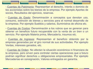 Cuentas de Patrimonio : Representan el derecho, interés o dominio de los accionistas sobre los bienes de la empresa. Por ejemplo Aportes de socios, Resultados del ejercicio, reservas. Cuentas de Gasto : Denominación a conceptos que denotan uso, consumo, extinción de bienes y servicios para el normal desarrollo de la empresa. Por ejemplo Sueldos y salarios, Suministros de oficina etc. Cuentas de Costos : Denominación a los rubros que se generan para obtener un beneficio futuro recuperable con la venta de un bien o un servicio. Por ejemplo Materia prima, Mercadería, insumos etc. Cuentas de Ingresos : Representan el beneficio obtenido por la empresa generadas por el giro normal de sus actividades. Por ejemplo Ventas, intereses ganados, etc. Cuentas de Orden : No afectan la situación económica ni financiera de la empresa, pero sirven para controlar ciertas operaciones que a futuro podrían significar derechos u obligaciones empresariales. Por ejemplo Mercaderías en consignación, Valores entregados en garantía. 