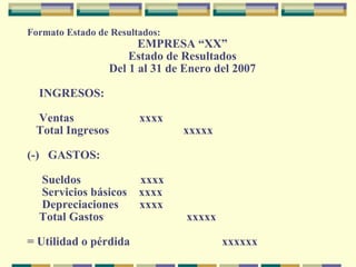 Formato Estado de Resultados: EMPRESA “XX” Estado de Resultados Del 1 al 31 de Enero del 2007 INGRESOS: Ventas  xxxx Total Ingresos  xxxxx (-)  GASTOS: Sueldos  xxxx Servicios básicos  xxxx Depreciaciones  xxxx Total Gastos  xxxxx = Utilidad o pérdida  xxxxxx 