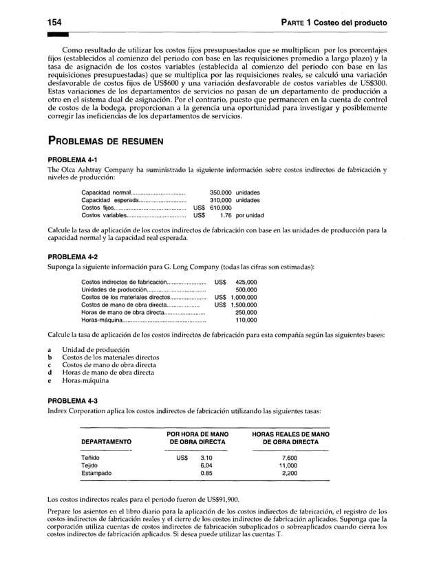 154 Parte 1 Costeo del producto
Como resultado de utilizar los costos fijos presupuestados que se multiplican por los porcentajes
fijos (establecidos al comienzo del periodo con base en las requisiciones promedio a largo plazo) y la
tasa de asignación de los costos variables (establecida al comienzo del periodo con base en las
requisiciones presupuestadas) que se multiplica por las requisiciones reales, se calculó una variación
desfavorable de costos fijos de US$600 y una variación desfavorable de costos variables de US$300.
Estas variaciones de los departamentos de servicios no pasan de un departamento de producción a
otro en el sistema dual de asignación. Por el contrario, puesto que permanecen en la cuenta de control
de costos de la bodega, proporcionan a la gerencia una oportunidad para investigar y posiblemente
corregir las ineficiencias de los departamentos de servicios.
P r o b le m a s de r e s u m e n
PROBLEMA 4-1
The Olea Ashtray Company ha suministrado la siguiente información sobre costos indirectos de fabricación y
niveles de producción:
Capacidad normal..................................... 350,000 unidades
Capacidad esperada................................ 310,000 unidades
Costos fijos.................................................. US$ 610,000
Costos variables......................................... US$ 1.76 por unidad
Calcule la tasa de aplicación de los costos indirectos de fabricación con base en las unidades de producción para la
capacidad normal y la capacidad real esperada.
PROBLEMA 4-2
Suponga la siguiente información para G. Long Company (todas las cifras son estimadas):
Costos indirectos de fabricación US$ 425,000
Unidades de producción......................................... 500,000
Costos de los materiales directos US$ 1,000,000
Costos de mano de obra directa US$ 1,500,000
Horas de mano de obra directa............................ 250,000
Horas-máquina.......................................................... 110,000
Calcule la tasa de aplicación de los costos indirectos de fabricación para esta compañía según las siguientes bases:
a Unidad de producción
b Costos de los materiales directos
c Costos de mano de obra directa
d Horas de mano de obra directa
e Horas-máquina
PROBLEMA 4-3
Indrex Corporation aplica los costos indirectos de fabricación utilizando las siguientes tasas:
POR HORA DE MANO HORAS REALES DE MANO
DEPARTAMENTO DE OBRA DIRECTA DE OBRA DIRECTA
Teñido US$ 3.10
Tejido 6,04
Estampado 0.85
Los costos indirectos reales para el periodo fueron de US$91,900.
Prepare los asientos en el libro diario para la aplicación de los costos indirectos de fabricación, el registro de los
costos indirectos de fabricación reales y el cierre de los costos indirectos de fabricación aplicados. Suponga que la
corporación utiliza cuentas de costos indirectos de fabricación subaplicados o sobreaplicados cuando cierra los
costos indirectos de fabricación aplicados. Si desea puede utilizar las cuentas T.
7,600
11,000
2,200
 