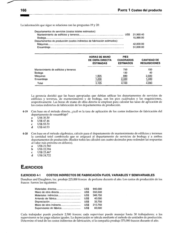 166 Parte 1 Costeo del producto
La información que sigue se relaciona con las preguntas 19 y 20:
Departamentos de servicios (costos totales estimados):
Mantenimiento de edificios y terrenos......................................................................... US$ 21,960.40
Bodega.................................................................................................................................. 15,990.00
Departamentos de producción (costos indirectos de fabricación estimados):
Máquinas.............................................................................................................................. 42,000.00
Ensamblaje........................................................................................................................... 51,000.00
HORAS DE MANO PIES
DE OBRA DIRECTA CUADRADOS CANTIDAD DE
ESTIMADAS ESTIMADOS REQUISICIONES
■Mantenimiento de edificios y terrenos 750 150
Bodega 130 40
Máquinas 1,925 890 2,500
Ensamblaje 1,200 2,330 1,400
Total 3,125 4,100 4,090
La gerencia decidió que las bases apropiadas que debían utilizar los departamentos de servicios de
edificios y terrenos, de mantenimiento y de bodega, son los pies cuadrados y las requisiciones,
respectivamente. Las horas de mano de obra directa se emplean para calcular las tasas de aplicación de
los costos indirectos de fabricación de los departamentos de producción.
4-19 Con base en el método directo, ¿cuál es la tasa de aplicación de los costos indirectos de fabricación del
departamento de ensamblaje?
a US$ 30.30
b US$ 47.46
c US$ 55.70
d US$ 60.53
4-20 Con base en el método algebraico, calcule para el departamento de mantenimiento de edificios y terrenos
la cantidad total combinada que se asignará al departamento de servicios de bodega y a ambos
departamentos de producción. (Realice todos los cálculos con cuatro decimales pero redondee las respuestas
al valor más próximo en dólares),
a US$ 21,960
b US$ 22,584
c US$ 23,467
d US$ 24,722
E j e r c ic io s
EJERCICIO 4-1 COSTOS INDIRECTOS DE FABRICACIÓN FIJOS, VARIABLES Y SEMIVARIABLES
Donahue and Daughters, Inc. produjo 225,000 frascos de perfume durante el año. Los costos de producción de los
frascos fueron los siguientes:
Materiales directos........................... ............. USS 940,000
Mano de obra directa...................... ............. US$ 550,500
Materiales indirectos....................... ............ USS 348,750
Arriendo de fábrica........................... ........... USS 40,000
Depreciación...................................... ............. USS 33,750
Mano de obra indirecta................... ............ USS 213,750
Supervisores de fábrica.................. ............ USS 60,000
Cada trabajador puede producir 2,500 frascos; cada supervisor puede manejar hasta 30 trabajadores; a los
supervisores se les paga salarios iguales. La depreciación se calcula mediante el método de unidades de producción.
Determine el total de los costos indirectos de fabricación, si la compañía produjo 375,000 frascos durante el año.
 