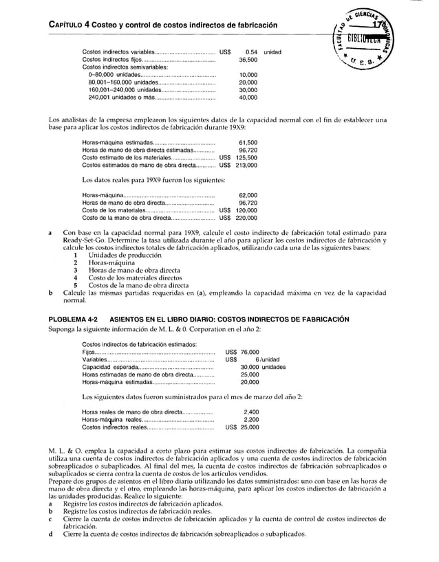 C apítulo 4 Costeo y control de costos indirectos de fabricación
MLIMM
_________B ¡
——
———
* . H
E . 9 -
Costos indirectos variables.......................................... US$ 0.54
Costos indirectos fijos................................................... 36,500
Costos indirectos semivariables:
0-80,000 unidades.................................................... 10,000
80.001-160,000 unidades....................................... 20,000
160.001-240,000 unidades..................................... 30,000
240,001 unidades o más....................................... 40,000
unidad
Los analistas de la empresa emplearon los siguientes datos de la capacidad normal con el fin de establecer una
base para aplicar los costos indirectos de fabricación durante 19X9:
Horas-máquina estimadas........................................... 61,500
Horas de mano de obra directa estimadas.............. 96,720
Costo estimado de los materiales.............................. US$ 125,500
Costos estimados de mano de obra directa US$ 213,000
Los datos reales para 19X9 fueron los siguientes:
Horas-máquina................................................................ 62,000
Horas de mano de obra directa.................................. 96,720
Costo de los materiales............................................... US$ 120,000
Costo de la mano de obra directa.............................. US$ 220,000
a Con base en la capacidad normal para 19X9, calcule el costo indirecto de fabricación total estimado para
Ready-Set-Go. Determine la tasa utilizada durante el año para aplicar los costos indirectos de fabricación y
calcule los costos indirectos totales de fabricación aplicados, utilizando cada una de las siguientes bases:
1 Unidades de producción
2 Horas-máquina
3 Horas de mano de obra directa
4 Costo de los materiales directos
5 Costos de la mano de obra directa
b Calcule las mismas partidas requeridas en (a), empleando la capacidad máxima en vez de la capacidad
normal.
PLOBLEMA 4-2 ASIENTOS EN EL LIBRO DIARIO: COSTOS INDIRECTOS DE FABRICACION
Suponga la siguiente información de M. L. & 0. Corporation en el año 2:
Costos indirectos de fabricación estimados:
Fijos........................................................................................ US$ 76,000
Variables.............................................................................. US$ 6 /unidad
Capacidad esperada.................................................... 30,000 unidades
Horas estimadas de mano de obra directa.............. 25,000
Horas-máquina estimadas........................................... 20,000
Los siguientes datos fueron suministrados para el mes de marzo del año 2:
Horas reales de mano de obra directa..................... 2,400
Horas-máauina reales.................................................. 2,200
Costos indirectos reales................................................... US$ 25,000
M. L. & O. emplea la capacidad a corto plazo para estimar sus costos indirectos de fabricación. La compañía
utiliza una cuenta de costos indirectos de fabricación aplicados y una cuenta de costos indirectos de fabricación
sobreaplicados o subaplicados. Al final del mes, la cuenta de costos indirectos de fabricación sobreaplicados o
subaplicados se cierra contra la cuenta de costos de los artículos vendidos.
Prepare dos grupos de asientos en el libro diario utilizando los datos suministrados: uno con base en las horas de
mano de obra directa y el otro, empleando las horas-máquina, para aplicar los costos indirectos de fabricación a
las unidades producidas. Realice lo siguiente:
a Registre los costos indirectos de fabricación aplicados,
b Registre los costos indirectos de fabricación reales.
c Cierre la cuenta de costos indirectos de fabricación aplicados y la cuenta de control de costos indirectos de
fabricación.
d Cierre la cuenta de costos indirectos de fabricación sobreaplicados o subaplicados.
 