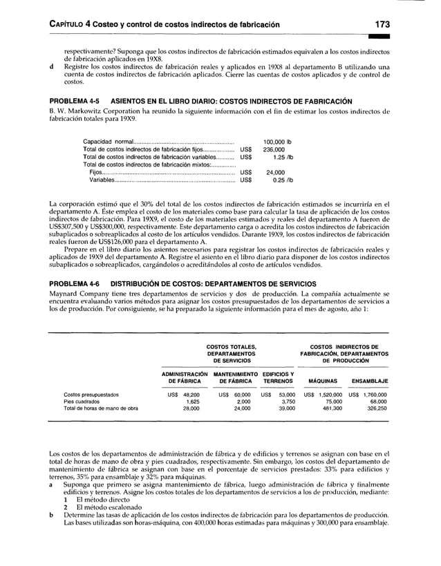 C apítulo 4 Costeo y control de costos indirectos de fabricación 173
respectivamente? Suponga que los costos indirectos de fabricación estimados equivalen a los costos indirectos
de fabricación aplicados en 19X8.
d Registre los costos indirectos de fabricación reales y aplicados en 19X8 al departamento B utilizando una
cuenta de costos indirectos de fabricación aplicados. Cierre las cuentas de costos aplicados y de control de
costos.
PROBLEMA 4-5 ASIENTOS EN EL LIBRO DIARIO: COSTOS INDIRECTOS DE FABRICACIÓN
B. W. Markowitz Corporation ha reunido la siguiente información con el fin de estimar los costos indirectos de
fabricación totales para 19X9.
Capacidad normal..................................................................... 100,000 Ib
Total de costos Indirectos de fabricación fijos................... US$ 236,000
Total de costos indirectos de fabricación variables US$ 1.25 /Ib
Total de costos indirectos de fabricación mixtos:................
Fijos............................................................................................ US$ 24,000
Variables................................................................................... US$ 0.25 /Ib
La corporación estimó que el 30% del total de los costos indirectos de fabricación estimados se incurriría en el
departamento A. Este emplea el costo de los materiales como base para calcular la tasa de aplicación de los costos
indirectos de fabricación. Para 19X9, el costo de los materiales estimados y reales del departamento A fueron de
US$307,500 y US$300,000, respectivamente. Este departamento carga o acredita los costos indirectos de fabricación
subaplicados o sobreaplicados al costo de los artículos vendidos. Durante 19X9, los costos indirectos de fabricación
reales fueron de US$126,000 para el departamento A.
Prepare en el libro diario los asientos necesarios para registrar los costos indirectos de fabricación reales y
aplicados de 19X9 del departamento A. Registre el asiento en el libro diario para disponer de los costos indirectos
subaplicados o sobreaplicados, cargándolos o acreditándolos al costo de artículos vendidos.
PROBLEMA 4-6 DISTRIBUCIÓN DE COSTOS: DEPARTAMENTOS DE SERVICIOS
Maynard Company tiene tres departamentos de servicios y dos de producción. La compañía actualmente se
encuentra evaluando varios métodos para asignar los costos presupuestados de los departamentos de servicios a
los de producción. Por consiguiente, se ha preparado la siguiente información para el mes de agosto, año 1:
Costos presupuestados
Pies cuadrados
Total de horas de mano de obra
COSTOS TOTALES,
DEPARTAMENTOS
DE SERVICIOS
ADMINISTRACION
DE FÁBRICA
USS 48,200
1,625
28,000
MANTENIMIENTO
DE FÁBRICA
EDIFICIOS Y
TERRENOS
USS 60,000
2,000
24,000
USS
COSTOS INIDIRECTOS DE
FABRICACIÓN, DEPARTAMENTOS
DE PRODUCCIÓN
MAQUINAS ENSAMBLAJE
53.000
3,750
39.000
US$ 1,520,000
75,000
481,300
US$ 1,760,000
68,000
326,250
Los costos de los departamentos de administración de fábrica y de edificios y terrenos se asignan con base en el
total de horas de mano de obra y pies cuadrados, respectivamente. Sin embargo, los costos del departamento de
mantenimiento de fábrica se asignan con base en el porcentaje de servicios prestados: 33% para edificios y
terrenos, 35% para ensamblaje y 32% para máquinas.
a Suponga que primero se asigna mantenimiento de fábrica, luego administración de fábrica y finalmente
edificios y terrenos. Asigne los costos totales de los departamentos de servicios a los de producción, mediante:
1 El método directo
2 El método escalonado
b Determine las tasas de aplicación de los costos indirectos de fabricación para los departamentos de producción.
Las bases utilizadas son horas-máquina, con 400,000 horas estimadas para máquinas y 300,000 para ensamblaje.
 