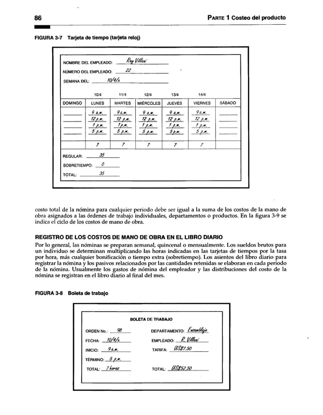 86 Parte 1 Costeo del producto
FIGURA 3-7 Tarjeta de tiempo (tarjeta reloj)
N O M R RFDFI FMPI FADO' A ?
NÚMERO DEL EMPLEADO: 2 2
SEMANA DEL: 1 0 /4 /x ,
10/4 11/4
'/tf& u ti
12/4 13/4 14/4
DOMINGO LUNES MARTES MIÉRCOLES JUEVES VIERNES SÁBADO
9 a.m . 9 a.,m. 9 a.m , 9 a.m . 9 a.m .
12 p.m . 1 2 P.m . 12 p .m. 1 2 p.m . 12 p.m .
1 P.m . 1p.m . 1 f>.m . 1 p .m . 1 P.m .
5 p .m . 5 p .m . 5 p.m . 5 p.m . 5 p.m .
7 7 7 7 7
REGULAR: 3 5
SOBRETIEMPO: 0
TOTAL: 3 5
costo total de la nómina para cualquier periodo debe ser igual a la suma de los costos de la mano de
obra asignados a las órdenes de trabajo individuales, departamentos o productos. En la figura 3-9 se
indica el ciclo de los costos de mano de obra.
REGISTRO DE LOS COSTOS DE MANO DE OBRA EN EL LIBRO DIARIO
Por lo general, las nóminas se preparan semanal, quincenal o mensualmente. Los sueldos brutos para
un individuo se determinan multiplicando las horas indicadas en las tarjetas de tiempos por la tasa
por hora, más cualquier bonificación o tiempo extra (sobretiempo). Los asientos del libro diario para
registrar la nómina y los pasivos relacionados por las cantidades retenidas se elaboran en cada periodo
de la nómina. Usualmente los gastos de nómina del empleador y las distribuciones del costo de la
nómina se registran en el libro diario al final del mes.
FIGURA 3-8 Boleta de trabajo
BOLETA DE TRABAJO
ORDEN No.: 9 8 DEPARTAMENTO: E nS am U aje,
FECHA: lO /f/x EMPLEADO: R . t/A n i
INICIO: 9 a.m . TARIFA: ^S $ 7 .5 0
TÉRMINO: 5 p .m .
TOTAL: 7 hor-ag TOTAI ■ (4 $ $ 5 2 .5 0
 