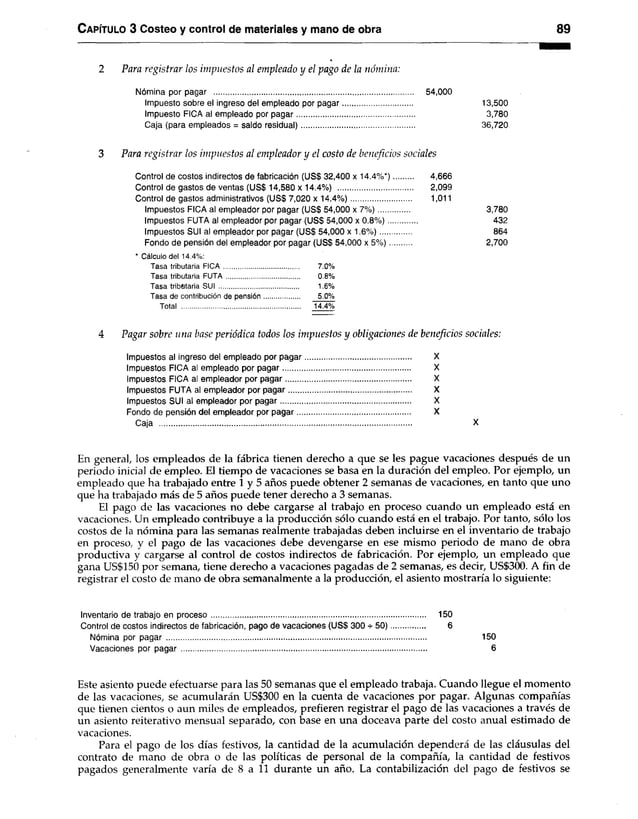 C apítulo 3 Costeo y control de materiales y mano de obra 89
2 Para registrar los impuestos al empleado y el pago de la nómina:
Nómina por pagar ................................................................................................ 54,000
Impuesto sobre el ingreso del empleado por pagar.................................. 13,500
Impuesto FICA al empleado por pagar......................................................... 3,780
Caja (para empleados = saldo residual)....................................................... 36,720
3 Para registrar los impuestos al empleador y el costo de beneficios sociales
Control de costos indirectos de fabricación (US$ 32,400 x 14.4% *)............. 4,666
Control de gastos de ventas (US$ 14,580 x 14.4%) ........................................ 2,099
Control de gastos administrativos (US$ 7,020 x 14.4% )............................. 1,011
Impuestos FICA al empleador por pagar (US$ 54,000 x 7 % )............... 3,780
Impuestos FUTA al empleador por pagar (US$ 54,000 x 0 .8 % ).............. 432
Impuestos SUI al empleador por pagar (US$ 54,000 x 1 .6 % )............... 864
Fondo de pensión del empleador por pagar (USS 54,000 x 5 % )............................ 2,700
* Cálculo del 14.4%:
Tasa tributaria F IC A ........................................ 7.0%
Tasa tributaria F U T A ....................................... 0.8%
Tasa tributaria SUI ........................................... 1.6%
Tasa de contribución de pen sió n .................... 5.0%
Total .................................................................. 14.4%
4 Pagar sobre una base periódica todos los impuestos y obligaciones de beneficios sociales:
Impuestos al ingreso del empleado por pagar................................................... X
Impuestos FICA al empleado por pagar.............................................................. X
Impuestos FICA al empleador por pagar............................................................ X
Impuestos FUTA al empleador por pagar........................................................... X
Impuestos SUI al empleador por pagar............................................................... X
Fondo de pensión del empleador por pagar....................................................... X
Caja .......................................................................................................................... X
En general, los empleados de la fábrica tienen derecho a que se les pague vacaciones después de un
periodo inicial de empleo. El tiempo de vacaciones se basa en la duración del empleo. Por ejemplo, un
empleado que ha trabajado entre 1 y 5 años puede obtener 2 semanas de vacaciones, en tanto que uno
que ha trabajado más de 5 años puede tener derecho a 3 semanas.
El pago de las vacaciones no debe cargarse al trabajo en proceso cuando un empleado está en
vacaciones. Un empleado contribuye a la producción sólo cuando está en el trabajo. Por tanto, sólo los
costos de la nómina para las semanas realmente trabajadas deben incluirse en el inventario de trabajo
en proceso, y el pago de las vacaciones debe devengarse en ese mismo periodo de mano de obra
productiva y cargarse al control de costos indirectos de fabricación. Por ejemplo, un empleado que
gana US$150 por semana, tiene derecho a vacaciones pagadas de 2 semanas, es decir, US$300. A fin de
registrar el costo de mano de obra semanalmente a la producción, el asiento mostraría lo siguiente:
Inventario de trabajo en proceso....................................................................................................... 150
Control de costos indirectos de fabricación, pago de vacaciones (USS 300 + 5 0 )................ 6
Nómina por p a g a r............................................................................................................................. 150
Vacaciones por p ag a r...................................................................................................................... 6
Este asiento puede efectuarse para las 50 semanas que el empleado trabaja. Cuando llegue el momento
de las vacaciones, se acumularán US$300 en la cuenta de vacaciones por pagar. Algunas compañías
que tienen cientos o aun miles de empleados, prefieren registrar el pago de las vacaciones a través de
un asiento reiterativo mensual separado, con base en una doceava parte del costo anual estimado de
vacaciones.
Para el pago de los días festivos, la cantidad de la acumulación dependerá de las cláusulas del
contrato de mano de obra o de las políticas de personal de la compañía, la cantidad de festivos
pagados generalmente varía de 8 a 11 durante un año. La contabilización del pago de festivos se
 