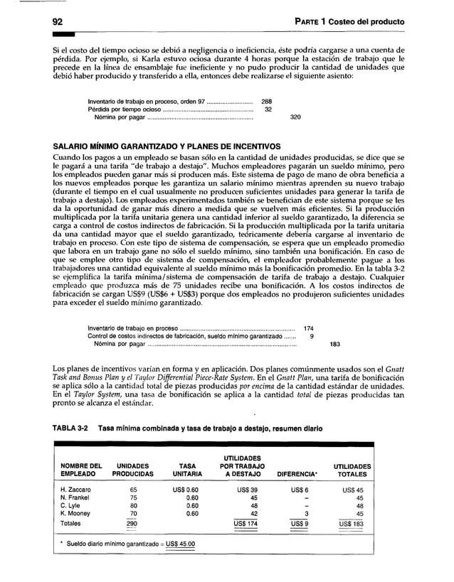92 Parte 1 Costeo del producto
Si el costo del tiempo ocioso se debió a negligencia o ineficiencia, éste podría cargarse a una cuenta de
pérdida. Por ejemplo, si Karla estuvo ociosa durante 4 horas porque la estación de trabajo que le
precede en la línea de ensamblaje fue ineficiente y no pudo producir la cantidad de unidades que
debió haber producido y transferido a ella, entonces debe realizarse el siguiente asiento:
Inventario de trabajo en proceso, orden 9 7 .............................. 288
Pérdida por tiempo ocioso................................................................ 32
Nómina por pag ar....................................................................... 320
SALARIO MÍNIMO GARANTIZADO Y PLANES DE INCENTIVOS
Cuando los pagos a un empleado se basan sólo en la cantidad de unidades producidas, se dice que se
le pagará a una tarifa “de trabajo a destajo". Muchos empleadores pagarán un sueldo mínimo, pero
los empleados pueden ganar más si producen más. Este sistema de pago de mano de obra beneficia a
los nuevos empleados porque les garantiza un salario mínimo mientras aprenden su nuevo trabajo
(durante el tiempo en el cual usualmente no producen suficientes unidades para generar la tarifa de
trabajo a destajo). Los empleados experimentados también se benefician de este sistema porque se les
da la oportunidad de ganar más dinero a medida que se vuelven más eficientes. Si la producción
multiplicada por la tarifa unitaria genera una cantidad inferior al sueldo garantizado, la diferencia se
carga a control de costos indirectos de fabricación. Si la producción multiplicada por la tarifa unitaria
da una cantidad mayor que el sueldo garantizado, teóricamente debería cargarse al inventario de
trabajo en proceso. Con este tipo de sistema de compensación, se espera que un empleado promedio
que labora en un trabajo gane no sólo el sueldo mínimo, sino también una bonificación. En caso de
que se emplee otro tipo de sistema de compensación, el empleador probablemente pague a los
trabajadores una cantidad equivalente al sueldo mínimo más la bonificación promedio. En la tabla 3-2
se ejemplifica la tarifa mínima/sistema de compensación de tarifa de trabajo a destajo. Cualquier
empleado que produzca más de 75 unidades recibe una bonificación. A los costos indirectos de
fabricación se cargan US$9 (US$6 + US$3) porque dos empleados no produjeron suficientes unidades
para exceder el sueldo mínimo garantizado.
Inventario de trabajo en proceso............................................................................. 174
Control de costos indirectos de fabricación, sueldo mínimo garantizado 9
Nómina por p ag ar.................................................................................................... 183
Los planes de incentivos varían en forma y en aplicación. Dos planes comúnmente usados son el Gnatt
Task and Bonus Plan y el Taylor Differential Piece-Rate System. En el Gnatt Plan, una tarifa de bonificación
se aplica sólo a la cantidad total de piezas producidas por encima de la cantidad estándar de unidades.
En el Taylor System, una tasa de bonificación se aplica a la cantidad total de piezas producidas tan
pronto se alcanza el estándar.
TABLA 3-2 Tasa mínima combinada y tasa de trabajo a destajo, resumen diario
UTILIDADES
NOMBRE DEL UNIDADES TASA POR TRABAJO UTILIDADES
EMPLEADO PRODUCIDAS UNITARIA A DESTAJO DIFERENCIA* TOTALES
H. Zaceara 65 US$ 0.60 USS 39 U S$6 USS 45
N. Frankel 75 0.60 45 - 45
C. Lyle 80 0.60 48 - 48
K. Mooney 70 0.60 42 3 45
Totales 290 USS 174 U S$9 USS 183
* Sueldo diario mínimo garantizado = USS 45.00
 