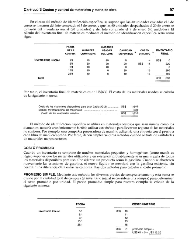 C apítulo 3 Costeo y control de materiales y mano de obra 97
En el caso del método de identificación específica, se supone que las 30 unidades enviadas el 6 de
enero se tomaron del lote comprado el 5 de enero, y que las 60 unidades despachadas el 20 de enero se
tomaron del inventario inicial (20 unidades) y del lote comprado el 9 de enero (40 unidades). El
cálculo del inventario final de materiales mediante el método de identificación específica sería como
sigue:
INVENTARIO INICIAL
Total
FECHA UNIDADES
DE LA UNIDADES USADAS CANTIDAD COSTO
COMPRA COMPRADAS DEL LOTE DISPONIBLE X UNITARIO
1/1 20 20 0 _
5/1 50 30 20 USS 11
9/1 40 40 0 -
15/1 20 0 20 13
28/1 10 0 10 15
INVENTARIO
FINAL
US$ 0
220
0
260
150
US$ 630
Por tanto, el inventario final de materiales es de US$630. El costo de los materiales usados se calcula
de la siguiente manera:
Costo de los materiales disponibles para usar (tabla A 3 -2) US$ 1,640
Menos: Inventario final de materiales ...................................................... 630
Costo de los materiales usados............................................................... US$ 1,010
El método de identificación específica se utiliza en materiales costosos que sean únicos, como los
diamantes; no sería económicamente factible utilizar este rhétqdo para llevar un registro de los materiales
no costosos. Por ejemplo, una compañía procesadora de maní no adheriría una etiqueta con el precio a
cada libra de maní comprada. Por tanto, deben emplearse otros métodos cuando se trata de cantidades
de materiales menos costosos.
COSTO PROMEDIO
Cuando un inventario se compone de muchos materiales pequeños y homogéneos (como maní), es
lógico suponer que los materiales utilizados y en existencia probablemente sean una mezcla de todos
los materiales disponibles para uso. Considérese un producto como la gasolina. Cuando se abastecen
nuevamente las estaciones de gasolina, el nuevo líquido se mezclará con la gasolina existente, sin
permitir una diferencia clara entre las compras. Hay dos métodos para calcular el costo promedio:
PROMEDIO SIMPLE. Mediante este método, los diversos precios de compra se suman y esta suma se
divide por la cantidad total de compras (el inventario inicial se considera una compra) para determinar
el costo promedio por unidad. El precio promedio simple para nuestro ejemplo se calcula de la
siguiente manera:
FECHA
Inventario inicial 1/1
5/1
9/1
15/1
28/1
COSTO UNITARIO
USS 10
11
12
13
15
61 promedio simple =
= USS 61 - 5 = USS 12.20
 