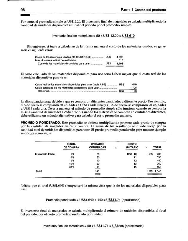 98 Parte 1 Costeo del producto
Por tanto, el promedio simple es US$12.20. El inventario final de materiales se calcula multiplicando la
cantidad de unidades disponibles al final del periodo por el promedio simple:
Inventario final de materiales = 50 x US$ 12.20 = US$ 610
Sin embargo, si fuera a calcularse de la misma manera el costo de los materiales usados, se gene­
raría el siguiente error:
Costo de los materiales usados (90 X US$ 12.20).................... US$ 1,098
Más el Inventario final de materiales ...................................................... 610
Costo de los materiales disponibles para usar...................... US$ 1,708
El costo calculado de los materiales disponibles para uso sería US$68 mayor que el costo real de los
materiales disponibles para usar:
Costo real de los materiales disponibles para usar (tabla A 3-2) US$ 1,640
Costo calculado de los materiales disponibles para usar............................ 1,708
Diferencia ............................................................................................................... US$ 68
La discrepancia surge debido a que se compraron diferentes cantidades a diferente precio. Por ejemplo,
el 5 de enero se compraron 50 unidades a US$11 cada una; y el 15 de enero, se compraron 20 unidades
a US$13 cada una. De esta manera, el método de promedio simple sólo funciona cuando se compra la
misma cantidad de unidades a cada precio. Cuando los materiales se compran en cantidades diferentes,
debe utilizarse un método alternativo para calcular el costo promedio unitario.
PROMEDIO PONDERADO. Este promedio se obtiene multiplicando primero cada precio de compra
por la cantidad de unidades en cada compra. La suma de los resultados se divide luego por la
cantidad total de unidades disponibles para usar. El precio promedio ponderado para nuestro ejemplo
se calcula como sigue:
Inventario inicial
Total
FECHA UNIDADES COSTO
DE COMPRA COMPRADAS X UNITARIO TOTAL
1/1 20 US$ 10 US$ 200
5/1 50 11 550
9/1 40 12 480
15/1 20 13 260
28/1 10 15 150
140 US$ 1,640
Nótese que el total (US$1,640) siempre será la misma cifra que la de los materiales disponibles para
usar.
Promedio ponderado = US$1,640 -r 140 = US$11.71 (aproximado)
El inventario final de materiales se calcula multiplicando el número de unidades disponibles al final
del periodo, por el costo promedio ponderado por unidad:
Inventario final de materiales = 50 x US$11.71 = US$586 (aproximado)
 