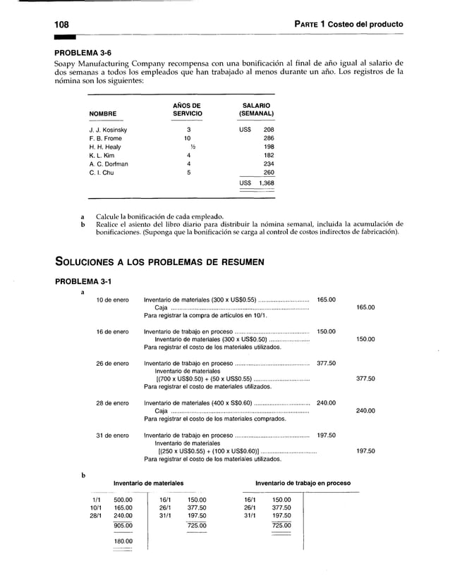 108 Parte 1 Costeo del producto
PROBLEMA 3-6
Soapy Manufacturing Company recompensa con una bonificación al final de año igual al salario de
dos semanas a todos los empleados que han trabajado al menos durante un año. Los registros de la
nómina son los siguientes:
AÑOS DE SALARIO
NOMBRE SERVICIO (SEMANAL)
J. J. Kosinsky 3 US$ 208
F. B. Frome 10 286
H. H. Healy 1
/2 198
K. L. Kim 4 182
A. C. Dorfman 4 234
C. I. Chu 5 260
US$ 1,368
a Calcule la bonificación de cada empleado.
b Realice el asiento del libro diario para distribuir la nómina semanal, incluida la acumulación de
bonificaciones. (Suponga que la bonificación se carga al control de costos indirectos de fabricación).
S o l u c io n e s a lo s p r o b le m a s de r e s u m e n
PROBLEMA 3-1
10 de enero Inventario de materiales (300 x US$0.55).................................. 165.00
Caja ............................................................................................. 165.00
Para registrar la compra de artículos en 10/1.
16 de enero Inventario de trabajo en proceso.................................................. 150.00
Inventario de materiales (300 x U S$0.50)........................... 150.00
Para registrar el costo de los materiales utilizados.
26 de enero Inventario de trabajo en proceso.................................................. 377.50
Inventario de materiales
[(700 x US$0.50) + (50 x U S$0.55)..................................... 377.50
Para registrar el costo de materiales utilizados.
28 de enero Inventario de materiales (400 x S $0.60)..................................... 240.00
Caja ............................................................................................. 240.00
Para registrar el costo de los materiales comprados.
31 de enero Inventario de trabajo en proceso.................................................. 197.50
Inventario de materiales
[(250 x US$0.55) + (100 x US$0.60)]..................................... 197.50
Para registrar el costo de los materiales utilizados.
Inventario de materiales
180.00
Inventario de trabajo en proceso
1/1 500.00 16/1 150.00 16/1 150.00
10/1 165.00 26/1 377.50 26/1 377.50
28/1 240.00 31/1 197.50 31/1 197.50
905.00 725.00 725.00
 