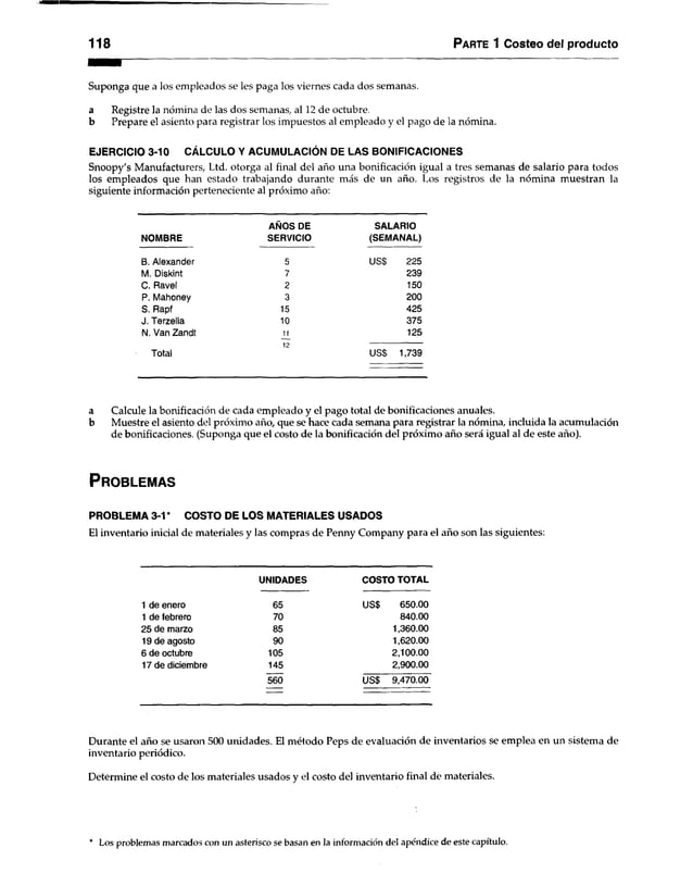 118 Parte 1 Costeo del producto
Suponga que a los empleados se les paga los viernes cada dos semanas,
a Registre la nómina de las dos semanas, al 12 de octubre.
b Prepare el asiento para registrar los impuestos al empleado y el pago de la nómina.
EJERCICIO 3-10 CÁLCULO Y ACUMULACIÓN DE LAS BONIFICACIONES
Snoopy's Manufacturers, Ltd. otorga al final del año una bonificación igual a tres semanas de salario para todos
los empleados que han estado trabajando durante más de un año. Los registros de la nómina muestran la
siguiente información perteneciente al próximo año:
AÑOS DE SALARIO
NOMBRE SERVICIO (SEMANAL)
B. Alexander 5 USS 225
M. Diskint 7 239
C. Ravel 2 150
P. Mahoney 3 200
S. Rapf 15 425
J. Terzella 10 375
N. Van Zandt 11 125
12
Total USS 1,739
a Calcule la bonificación de cada empleado y el pago total de bonificaciones anuales.
b Muestre el asiento del próximo año, que se hace cada semana para registrar la nómina, incluida la acumulación
de bonificaciones. (Suponga que el costo de la bonificación del próximo año será igual al de este año).
P r o b l e m a s
PROBLEMA 3-1* COSTO DE LOS MATERIALES USADOS
El inventario inicial de materiales y las compras de Penny Company para el año son las siguientes:
UNIDADES COSTO TOTAL
1 de enero 65 USS 650.00
1 de febrero 70 840.00
25 de marzo 85 1,360.00
19 de agosto 90 1,620.00
6 de octubre 105 2,100.00
17 de diciembre 145 2,900.00
560 USS 9,470.00
Durante el año se usaron 500 unidades. El método Peps de evaluación de inventarios se emplea en un sistema de
inventario periódico.
Determine el costo de los materiales usados y el costo del inventario final de materiales.
* Los problemas marcados con un asterisco se basan en la información del apéndice de este capítulo.
 
