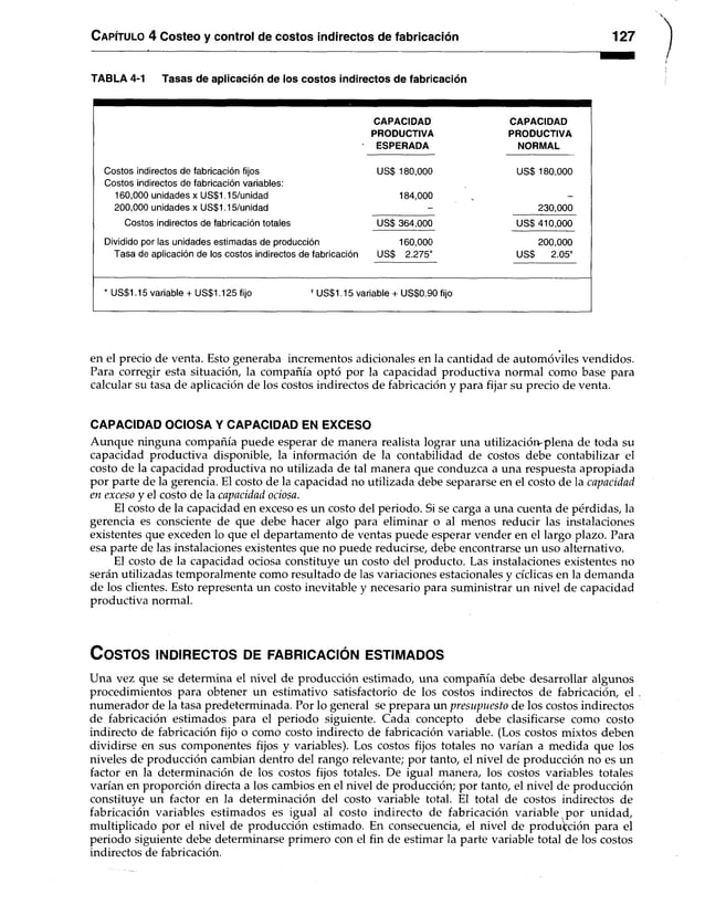 Capítulo 4 Costeo y control de costos indirectos de fabricación 127
TABLA 4-1 Tasas de aplicación de los costos indirectos de fabricación
CAPACIDAD CAPACIDAD
PRODUCTIVA PRODUCTIVA
ESPERADA NORMAL
Costos indirectos de fabricación fijos US$ 180,000 US$ 180,000
Costos indirectos de fabricación variables:
160,000 unidades x US$1.15/unidad 184,000 -
200,000 unidades x US$1.15/unidad - 230,000
Costos indirectos de fabricación totales US$ 364,000 USS 410,000
Dividido por las unidades estimadas de producción 160,000 200,000
Tasa de aplicación de los costos indirectos de fabricación US$ 2.275* US$ 2.05f
* US$1.15 variable + US$1.125 fijo f US$1.15 variable + US$0.90 fijo
en el precio de venta. Esto generaba incrementos adicionales en la cantidad de automóviles vendidos.
Para corregir esta situación, la compañía optó por la capacidad productiva normal como base para
calcular su tasa de aplicación de los costos indirectos de fabricación y para fijar su precio de venta.
CAPACIDAD OCIOSA Y CAPACIDAD EN EXCESO
Aunque ninguna compañía puede esperar de manera realista lograr una utilización-plena de toda su
capacidad productiva disponible, la información de la contabilidad de costos debe contabilizar el
costo de la capacidad productiva no utilizada de tal manera que conduzca a una respuesta apropiada
por parte de la gerencia. El costo de la capacidad no utilizada debe separarse en el costo de la capacidad
en exceso y el costo de la capacidad ociosa.
El costo de la capacidad en exceso es un costo del periodo. Si se carga a una cuenta de pérdidas, la
gerencia es consciente de que debe hacer algo para eliminar o al menos reducir las instalaciones
existentes que exceden lo que el departamento de ventas puede esperar vender en el largo plazo. Para
esa parte de las instalaciones existentes que no puede reducirse, debe encontrarse un uso alternativo.
El costo de la capacidad ociosa constituye un costo del producto. Las instalaciones existentes no
serán utilizadas temporalmente como resultado de las variaciones estacionales y cíclicas en la demanda
de los clientes. Esto representa un costo inevitable y necesario para suministrar un nivel de capacidad
productiva normal.
C o s t o s in d ir e c t o s d e f a b r ic a c ió n e s t im a d o s
Una vez que se determina el nivel de producción estimado, una compañía debe desarrollar algunos
procedimientos para obtener un estimativo satisfactorio de los costos indirectos de fabricación, el
numerador de la tasa predeterminada. Por lo general se prepara un presupuesto de los costos indirectos
de fabricación estimados para el periodo siguiente. Cada concepto debe clasificarse como costo
indirecto de fabricación fijo o como costo indirecto de fabricación variable. (Los costos mixtos deben
dividirse en sus componentes fijos y variables). Los costos fijos totales no varían a medida que los
niveles de producción cambian dentro del rango relevante; por tanto, el nivel de producción no es un
factor en la determinación de los costos fijos totales. De igual manera, los costos variables totales
varían en proporción directa a los cambios en el nivel de producción; por tanto, el nivel de producción
constituye un factor en la determinación del costo variable total. El total de costos indirectos de
fabricación variables estimados es igual al costo indirecto de fabricación variable por unidad,
multiplicado por el nivel de producción estimado. En consecuencia, el nivel de producción para el
periodo siguiente debe determinarse primero con el fin de estimar la parte variable total de los costos
indirectos de fabricación.
 