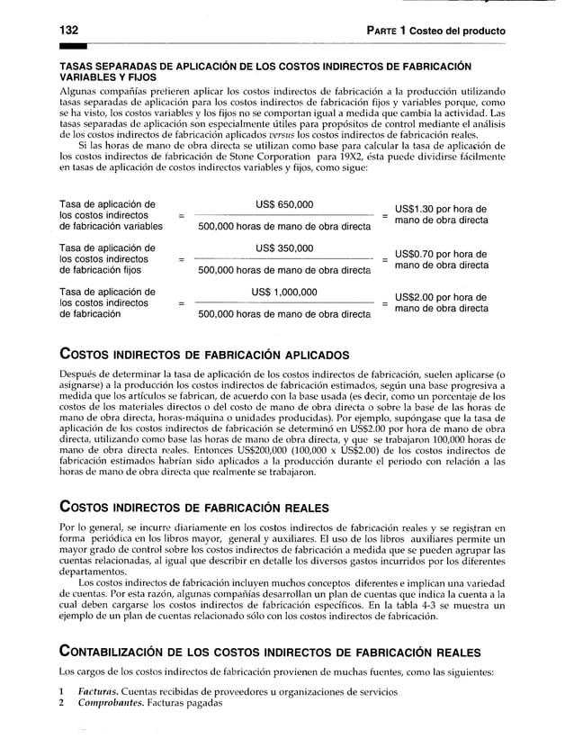 132 Parte 1 Costeo del producto
TASAS SEPARADAS DE APLICACIÓN DE LOS COSTOS INDIRECTOS DE FABRICACIÓN
VARIABLES Y FIJOS
Algunas compañías prefieren aplicar los costos indirectos de fabricación a la producción utilizando
tasas separadas de aplicación para los costos indirectos de fabricación fijos y variables porque, como
se ha visto, los costos variables y los fijos no se comportan igual a medida que cambia la actividad. Las
tasas separadas de aplicación son especialmente útiles para propósitos de control mediante el análisis
de los costos indirectos de fabricación aplicados versus los costos indirectos de fabricación reales.
Si las horas de mano de obra directa se utilizan como base para calcular la tasa de aplicación de
los costos indirectos de fabricación de Stone Corporation para 19X2, ésta puede dividirse fácilmente
en tasas de aplicación de costos indirectos variables y fijos, como sigue:
Tasa de aplicación de
los costos indirectos
de fabricación variables
Tasa de aplicación de
los costos indirectos
de fabricación fijos
Tasa de aplicación de
los costos indirectos
de fabricación
US$ 650,000
500.000 horas de mano de obra directa
US$ 350,000
500.000 horas de mano de obra directa
US$ 1,000,000
500.000 horas de mano de obra directa
US$1.30 por hora de
mano de obra directa
US$0.70 por hora de
mano de obra directa
US$2.00 por hora de
mano de obra directa
C o s t o s in d ir e c t o s d e f a b r ic a c ió n a p l ic a d o s
Después de determinar la tasa de aplicación de los costos indirectos de fabricación, suelen aplicarse (o
asignarse) a la producción los costos indirectos de fabricación estimados, según una base progresiva a
medida que los artículos se fabrican, de acuerdo con la base usada (es decir, como un porcentaje de los
costos de los materiales directos o del costo de mano de obra directa o sobre la base de las horas de
mano de obra directa, horas-máquina o unidades producidas). Por ejemplo, supóngase que la tasa de
aplicación de los costos indirectos de fabricación se determinó en US$2.00 por hora de mano de obra
directa, utilizando como base las horas de mano de obra directa, y que se trabajaron 100,000 horas de
mano de obra directa reales. Entonces US$200,000 (100,000 x US$2.00) de los costos indirectos de
fabricación estimados habrían sido aplicados a la producción durante el periodo con relación a las
horas de mano de obra directa que realmente se trabajaron.
C o s t o s in d ir e c t o s d e f a b r ic a c ió n r e a l e s
Por lo general, se incurre diariamente en los costos indirectos de fabricación reales y se regis,tran en
forma periódica en los libros mayor, general y auxiliares. El uso de los libros auxiliares permite un
mayor grado de control sobre los costos indirectos de fabricación a medida que se pueden agrupar las
cuentas relacionadas, al igual que describir en detalle los diversos gastos incurridos por los diferentes
departamentos.
Los costos indirectos de fabricación incluyen muchos conceptos diferentes e implican una variedad
de cuentas. Por esta razón, algunas compañías desarrollan un plan de cuentas que indica la cuenta a la
cual deben cargarse los costos indirectos de fabricación específicos. En la tabla 4-3 se muestra un
ejemplo de un plan de cuentas relacionado sólo con los costos indirectos de fabricación.
C o n t a b il iz a c ió n d e l o s c o s t o s in d ir e c t o s d e f a b r ic a c ió n r e a l e s
Los cargos de los costos indirectos de fabricación provienen de muchas fuentes, como las siguientes:
1 Facturas. Cuentas recibidas de proveedores u organizaciones de servicios
2 Com probantes. Facturas pagadas
 
