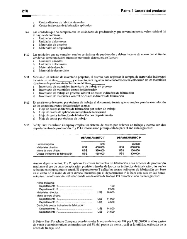 210 Parte 1 Costeo del producto
c Costos directos de fabricación reales
d Costos indirectos de fabricación aplicados
5-9 Las unidades que no cumplen con los estándares de producción y que se venden por su valor residual (si
lo hay) se denominan:
a Unidades dañadas
b Unidades defectuosas
c Materiales de desecho
d Materiales de desperdicio
5-10 Las unidades que no cumplen con los estándares de producción y deben hacerse de nuevo con el fin de
venderlas como unidades buenas o mercancía defectuosa se llaman:
a Unidades dañadas
b Unidades defectuosas
c Material de desecho
d Material de desperdicio
5-11 Mediante un sistema de inventario perpetuo, el asiento para registrar la compra de materiales indirectos
incluiría un débito a , y el asiento para registrar subsecuentemente la colocación de los materiales
directos en la producción incluiría un débito a _______ .
a Inventarío de materiales, inventario de trabajo en proceso
b Inventario de materiales, costos de fabricación
c Inventario de trabajo en proceso, control de costos indirectos de fabricación
d Inventario de materiales, control de costos indirectos de fabricación
5-12 En un sistema de costeo por órdenes de trabajo, el documento fuente que se emplea para la acumulación
de los costos indirectos de fabricación es una:
a Hoja de costos indirectos de fabricación por orden de trabajo
b Hoja de costos de aplicación indirectos de fabricación
c Hoja de costos indirectos de fabricación por departamento
d Hoja de costos por órdenes de trabajo
5-13 Safety First Parachute Company emplea un sistema de costos por órdenes de trabajo y cuenta con dos
departamentos de producción, T y P. La información presupuestada para el año es la siguiente:
DEPARTAMENTO T DEPARTAMENTO P
Horas-máquina 500 25,000
Materiales directos uss 400,000 USS 600,000
Mano de obra directa uss 350,000 uss 100,000
Costos indirectos de fabricación uss 455,000 uss 300,000
Ambos departamentos, T y P, aplican los costos indirectos de fabricación a las órdenes de producción
mediante el uso de tasas de aplicación predeterminadas de los costos indirectos de fabricación, las cuales
se basan en el presupuesto anual. El departamento T aplica los costos indirectos de fabricación con base
en el costo de la mano de obra directa, mientras que el departamento P lo hace con base en las horas-
máquina. La información real relacionada con la orden de trabajo 194 durante el año fue la siguiente:
Horas-máquina:
Departamento T ..................................................... 150
Departamento P..................................................... 2,500
Materiales directos.................................................... uss 18,000
Mano de obra directa:
Departamento T ..................................................... US$ 11,000
Departamento P..................................................... US$ 4,500
Control de costos indirectos de fabricación:
Departamento T ..................................................... uss 14,500
Departamento P..................................................... US$ 24,600
Si Safety First Parachute Company acordó vender la orden de trabajo 194 por US$100,000, y si los gastos
de venta y administrativos estimados son del 5% del precio de venta, ¿cuál es la utilidad estimada de la
orden de trabajo 194?
 