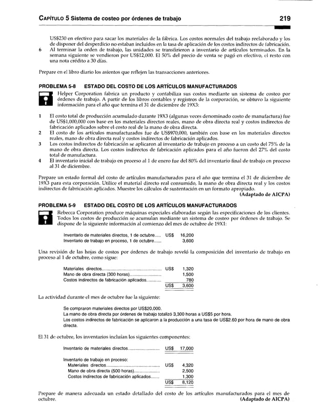 C apítulo 5 Sistema de costeo por órdenes de trabajo 219
US$230 en efectivo para sacar los materiales de la fábrica. Los costos normales del trabajo reelaborado y los
de disponer del desperdicio no estaban incluidos en la tasa de aplicación de los costos indirectos de fabricación.
6 Al terminar la orden de trabajo, las unidades se transfirieron a inventario de artículos terminados. En la
semana siguiente se vendieron por US$12,000. El 50% del precio de venta se pagó en efectivo, el resto con
una nota crédito a 30 días.
Prepare en el libro diario los asientos que reflejen las transacciones anteriores.
PROBLEMA 5-8 ESTADO DEL COSTO DE LOS ARTÍCULOS MANUFACTURADOS
a
Helper Corporation fabrica un producto y contabiliza sus costos mediante un sistema de costeo por
órdenes de trabajo. A partir de los libros contables y registros de la corporación, se obtuvo la siguiente
información para el año que termina el 31 de diciembre de 19X3:
1 El costo total de producción acumulado durante 19X3 (algunas veces denominado costo de manufactura) fue
de US$1,000,000 con base en los materiales directos reales, mano de obra directa real y costos indirectos de
fabricación aplicados sobre el costo real de la mano de obra directa.
2 El costo de los artículos manufacturados fue de US$970,000, también con base en los materiales directos
reales, mano de obra directa real y costos indirectos de fabricación aplicados.
3 Los costos indirectos de fabricación se aplicaron al inventario de trabajo en proceso a un costo del 75% de la
mano de obra directa. Los costos indirectos de fabricación aplicados para el año fueron del 27% del costo
total de manufactura.
4 El inventario inicial de trabajo en proceso al 1 de enero fue del 80% del inventario final de trabajo en proceso
al 31 de diciembre.
Prepare un estado formal del costo de artículos manufacturados para el año que termina el 31 de diciembre de
19X3 para esta corporación. Utilice el material directo real consumido, la mano de obra directa real y los costos
indirectos de fabricación aplicados. Muestre los cálculos de sustentación en un formato apropiado.
(Adaptado de AICPA)
PROBLEMA 5-9 ESTADO DEL COSTO DE LOS ARTÍCULOS MANUFACTURADOS
a
Rebecca Corporation produce máquinas especiales elaboradas según las especificaciones de los clientes.
Todos los costos de producción se acumulan mediante un sistema de costeo por órdenes de trabajo. Se
dispone de la siguiente información al comienzo del mes de octubre de 19X1:
Inventario de materiales directos, 1 de octubre US$ 16,200
Inventario de trabajo en proceso, 1 de octubre 3,600
Una revisión de las hojas de costos por órdenes de trabajo reveló la composición del inventario de trabajo en
proceso al 1 de octubre, como sigue:
Materiales directos..........................................
Mano de obra directa (300 horas)...............
Costos indirectos de fabricación aplicados
La actividad durante el mes de octubre fue la siguiente:
Se compraron materiales directos por US$20,000.
La mano de obra directa por órdenes de trabajo totalizó 3,300 horas a US$5 por hora.
Los costos indirectos de fabricación se aplicaron a la producción a una tasa de US$2.60 por hora de mano de obra
directa.
El 31 de octubre, los inventarios incluían los siguientes componentes:
Inventario de materiales directos............................. US$ 17,000
Inventario de trabajo en proceso:
Materiales directos.................................................. US$ 4,320
Mano de obra directa (500 horas)....................... 2,500
Costos indirectos de fabricación aplicados 1,300
US$ 8,120
US$ 1,320
1,500
__________780
US$ 3,600
Prepare de manera adecuada un estado detallado del costo de los artículos manufacturados para el mes de
octubre. (Adaptado de AICPA)
 
