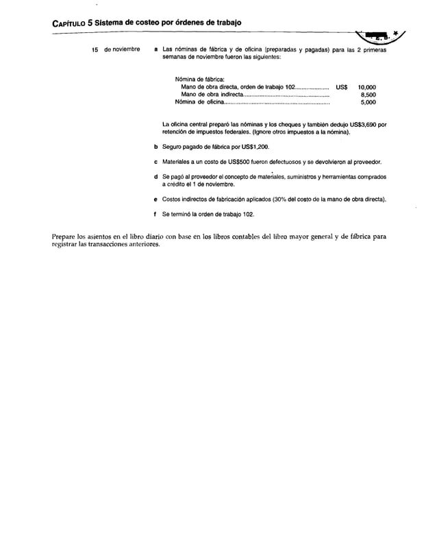 Capítulo 5 Sistema de costeo por órdenes de trabajo
15 de noviembre Las nóminas de fábrica y de oficina (preparadas y pagadas) para las 2 primeras
semanas de noviembre fueron las siguientes:
Nómina de fábrica:
Mano de obra directa, orden de trabajo 102....................... US$ 10,000
Mano de obra indirecta............................................................. 8,500
Nómina de oficina........................................................................... 5,000
La oficina central preparó las nóminas y los cheques y también dedujo US$3,690 por
retención de impuestos federales. (Ignore otros impuestos a la nómina).
b Seguro pagado de fábrica por US$1,200.
c Materiales a un costo de US$500 fueron defectuosos y se devolvieron al proveedor.
d Se pagó al proveedor el concepto de materiales, suministros y herramientas comprados
a crédito el 1 de noviembre.
e Costos indirectos de fabricación aplicados (30% del costo de la mano de obra directa).
f Se terminó la orden de trabajo 102.
Prepare los asientos en el libro diario con base en los libros contables del libro mayor general y de fábrica para
registrar las transacciones anteriores.
 