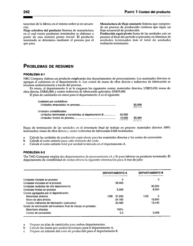 242 Parte 1 Costeo del producto
tamentos de la fábrica en el mismo orden (o en secuen­
cia).
Flujo selectivo del producto Sistema de manufactura
en el cual varios productos terminados se elaboran a
partir de una materia prima inicial. El producto
terminado se determina mediante el proceso por el
que pasa.
Manufactura de flujo constante Sistema que compren­
de un proceso de producción continua que sigue un
flujo secuencial de producción.
Producción equivalente Suma de las unidades aún en
proceso al final del periodo expresadas en términos de
unidades term inadas más el total de unidades
realmente terminadas.
P r o b l e m a s d e r e s u m e n
PROBLEMA 6-1
NBG Company elabora un producto empleando dos departamentos de procesamiento. Los materiales directos se
agregan al comienzo en el departamento A. Los costos de mano de obra directa e indirectos de fabricación se
incurren uniformemente a través del proceso.
En enero, al departamento A se le cargaron los siguientes costos: materiales directos, US$52,650; mano de
obra directa, US$42,000; y costos indirectos de fabricación aplicados, US$39,600.
El plan de cantidades en enero para el departamento A es el siguiente:
Unidades por contabilizar:
Unidades empezadas en proceso......................................................... 65,000
Unidades contabilizadas:
Unidades terminadas y transferidas al departamento B................... 50,000
Unidades finales en proceso.................................................................. 15,000 65,000
Etapa de terminación de las unidades en el inventario final de trabajo en proceso: materiales directos 100%
terminados; mano de obra directa y costos indirectos de fabricación 0.666 terminados.
a Calcule las unidades de producción equivalente para los materiales directos y los costos de conversión,
b Calcule el costo unitario para cada elemento del costo,
c Calcule el costo unitario total por unidad terminada en el departamento A.
PROBLEMA 6-2
The TMG Company emplea dos departamentos de procesamiento (A y B) para fabricar su producto terminado. El
departamento de contabilidad de costos obtuvo la siguiente información para el mes de julio:
DEPARTAMENTO A DEPARTAMENTO B
Unidades iniciales en proceso 0 0
Unidades iniciadas en el proceso 35,000
Unidades recibidas de otro departamento 30,000
Unidades finales en proceso 5,000 6,000
Costos agregados por el departamento:
Materiales directos USS 31,500 USS 0
Mano de obra directa 24,180 15,680
Costos indirectos de fabricación (aplicados) 20,460 13,440
Grado de terminación del inventario final de trabajo en proceso:
Materiales directos 100%
Costos de conversión 0.2 0.666
a Prepare un plan de cantidades para ambos departamentos,
b Calcule los costos por unidad terminada para el departamento A.
c Prepare un informe del costo de producción para el departamento B.
 