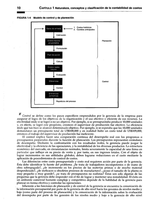 10 C apítulo 1 Naturaleza, conceptos y clasificación de la contabilidad de costos
FIGURA 1-4 Modelo de control y de planeación
Datos de entrada
TEstimación
Costos futuros
proyectados
TFormulación
Plan de acción
I Cálculo
Costos reales
futuros
T
T
Evaluación
Control
Diferencias
correctivas
1. Costos históricos
2. Cambios anticipados
Repetición del proceso
Planeación
Control
Control se define como los pasos específicos emprendidos por la gerencia de la empresa para
asegurar el logro de los objetivos de la organización y el uso efectivo y eficiente de sus recursos. La
efectividad mide si se logró o no un objetivo. Por ejemplo, si se presupuestaba producir 10,000 unidades
y, en efecto, se logró este propósito, entonces el supervisor de producción fue efectivo. La eficiencia
mide qué tan bien se alcanzó determinado objetivo. Por ejemplo, si se esperaba que las 10,000 unidades
demandaran un presupuesto total de US$100,000 y en realidad hubo un costo total de US$109,000,
entonces el trabajo del supervisor de producción fue ineficiente.
El control implica hacer una comparación continua del desempeño real con los programas o
presupuestos preparados durante la función de planeación. Los presupuestos representan estándares
de desempeño. Mediante la confrontación con los resultados reales, la gerencia puede juzgar la
efectividad y la eficiencia de las operaciones, y la rentabilidad de los diversos productos. La estructura
económica del mercado, en circunstancias normales, limita severamente la capacidad de una firma en
particular que influye en su precio de venta y, por tanto, en sus ingresos totales. Con el objeto de
lograr incrementos en sus utilidades globales, deben lograrse reducciones en el costo mediante la
aplicación de procedimientos de control de costos.
Las diferencias entre costo presupuestado y costo real requieren acción por parte de la gerencia.
Esta debe identificar la fuente del problema. ¿Se trata de trabajadores incompetentes o de mano de
obra sobrepagada?, ¿de incremento en los precios de las materias primas o de mucho material
desperdiciado?, ¿de ineficaces u obsoletos procesos de manufactura?, ¿acaso el tamaño de la planta es
muy pequeño o muy grande?, ¿se trata de presupuestos no realistas? Estas son sólo algunas de las
preguntas que la gerencia debe responder con el fin de lograr y mantener una rentabilidad. El éxito en
un ambiente comercial bastante complejo y competitivo depende de la habilidad de la gerencia para
planear en forma efectiva y controlar las operaciones.
Inherente a las funciones de planeación y de control de la gerencia se encuentra la comunicación de
la información presupuestal por parte de la gerencia de alto nivel hacia los gerentes de niveles medio y
bajo (como parte del proceso de planeación) y la comunicación de la información sobre la evaluación
del desempeño por parte de los gerentes de los niveles medio y bajo a la gerencia de alto nivel
 